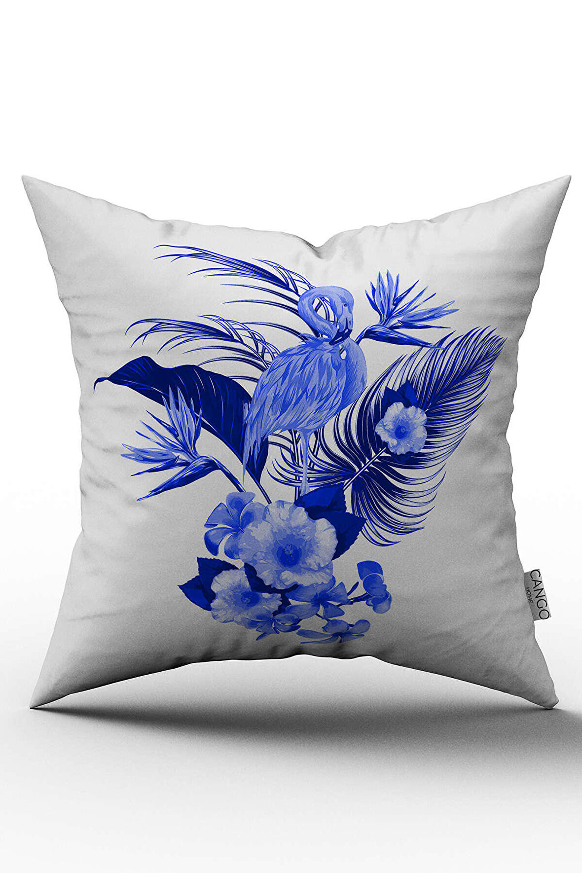 Çift Taraflı Mavi Tropikal Flamingo ve Kuştüyü Desenli Dijital Baskılı Kırlent Kılıfı - OTYK497-CT