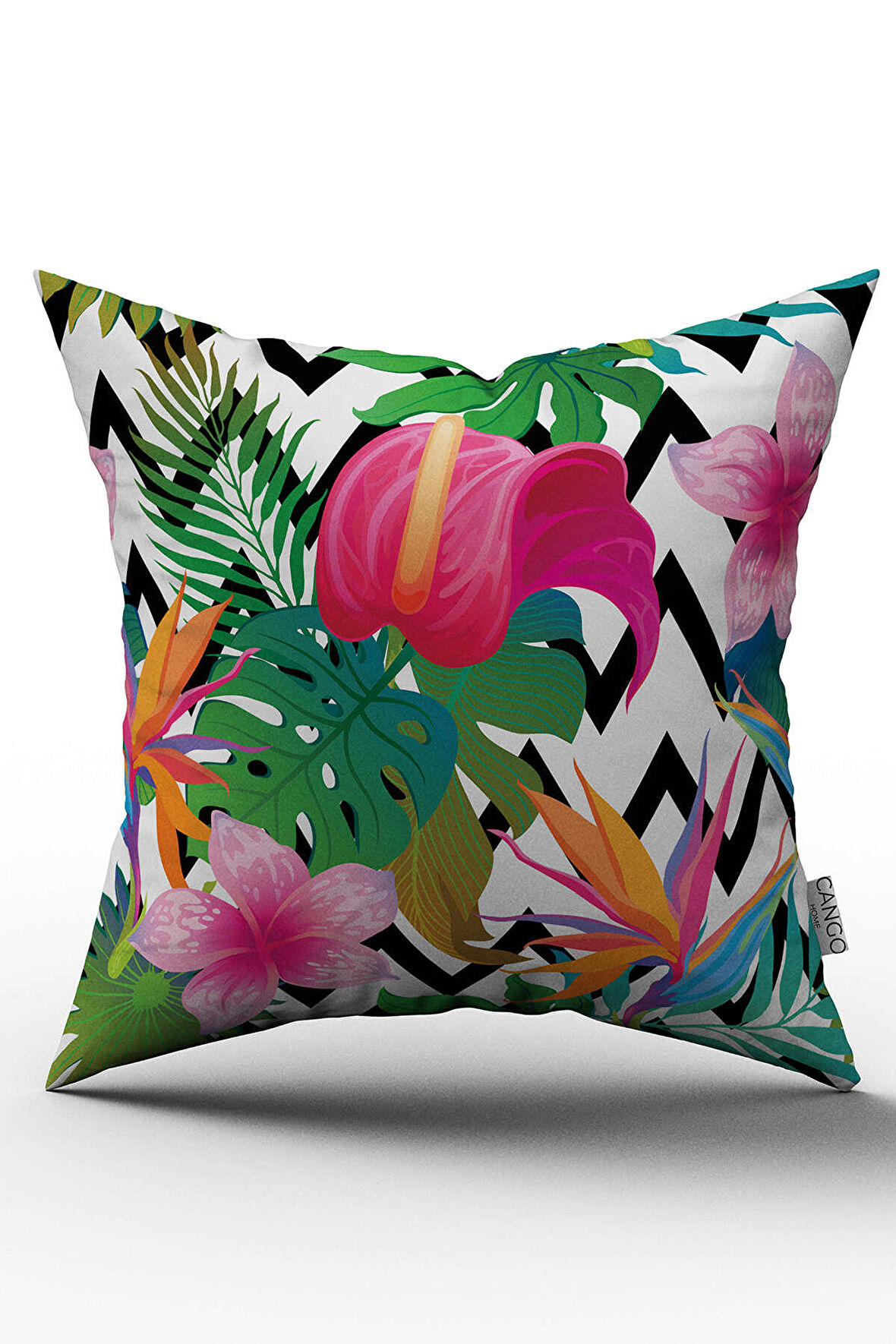 Çift Taraflı Pembe Yeşil Tropikal Çiçek Desenli Dijital Baskılı Kırlent Kılıfı - OTYK498-CT