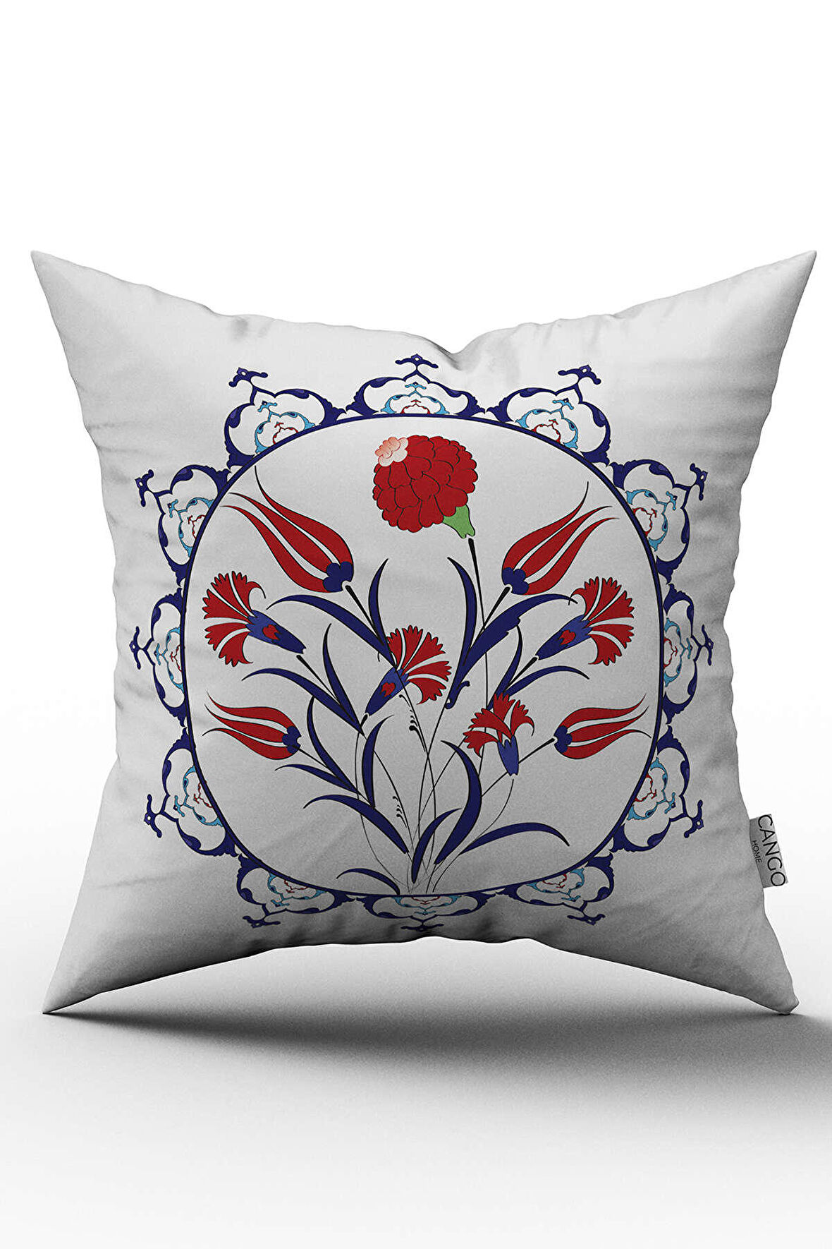 Çift Taraflı Mavi Kırmızı Lale Motifli Etnik Desenli Dijital Baskılı Kırlent Kılıfı - OTYK507-CT