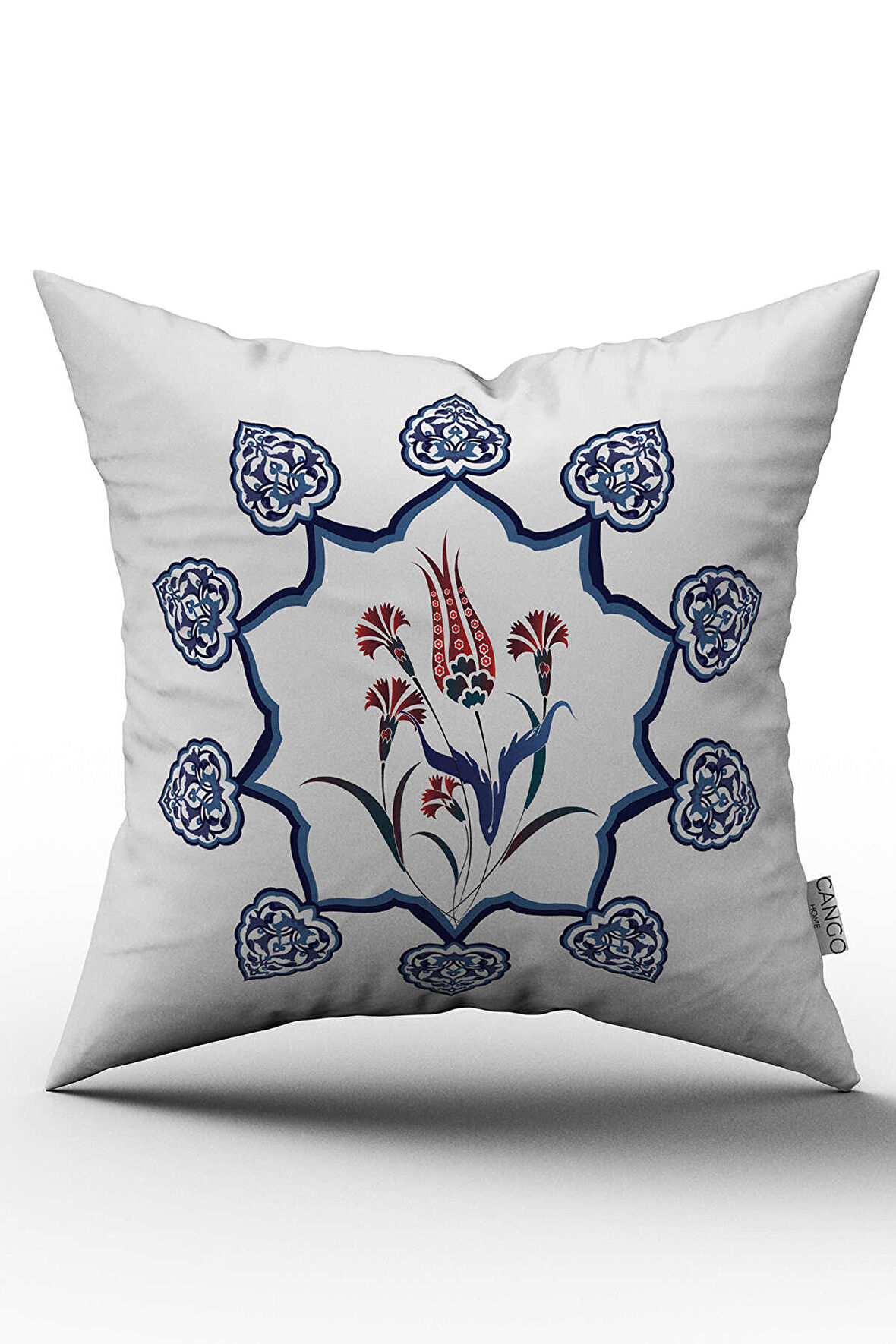 Çift Taraflı Mavi Kırmızı Lale Motifli Etnik Desenli Dijital Baskılı Kırlent Kılıfı - OTYK508-CT