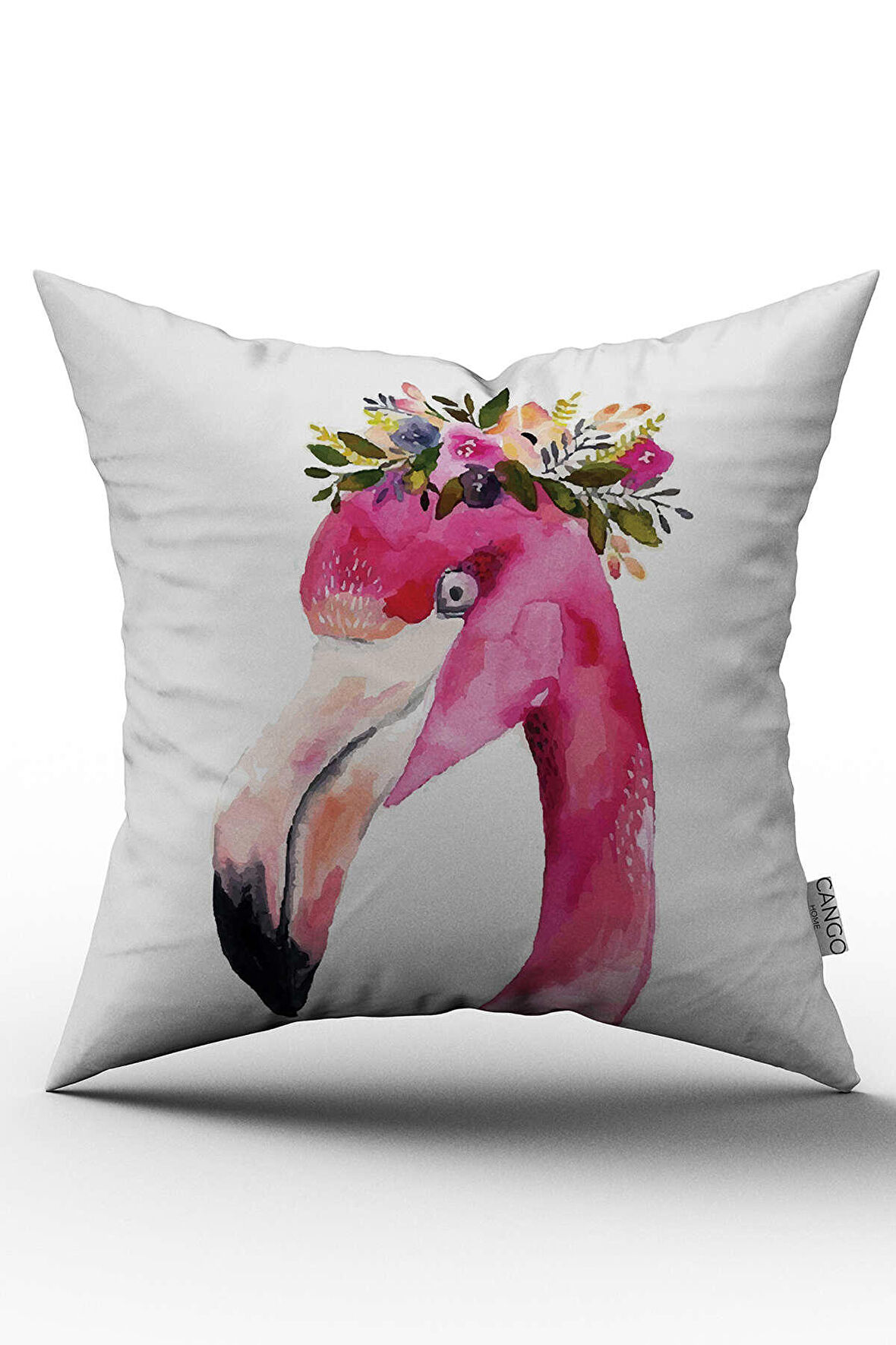 Çift Taraflı Pembe Çiçekli Flamingo Desenli Dijital Baskılı Kırlent Kılıfı - OTYK509-CT