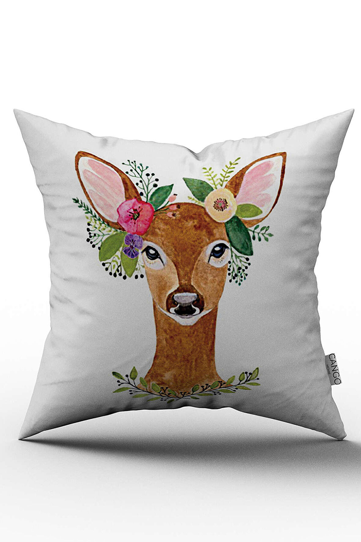 Çift Taraflı Kahverengi Beyaz Çiçekli Geyik Desenli Dijital Baskılı Kırlent Kılıfı - OTYK514-CT