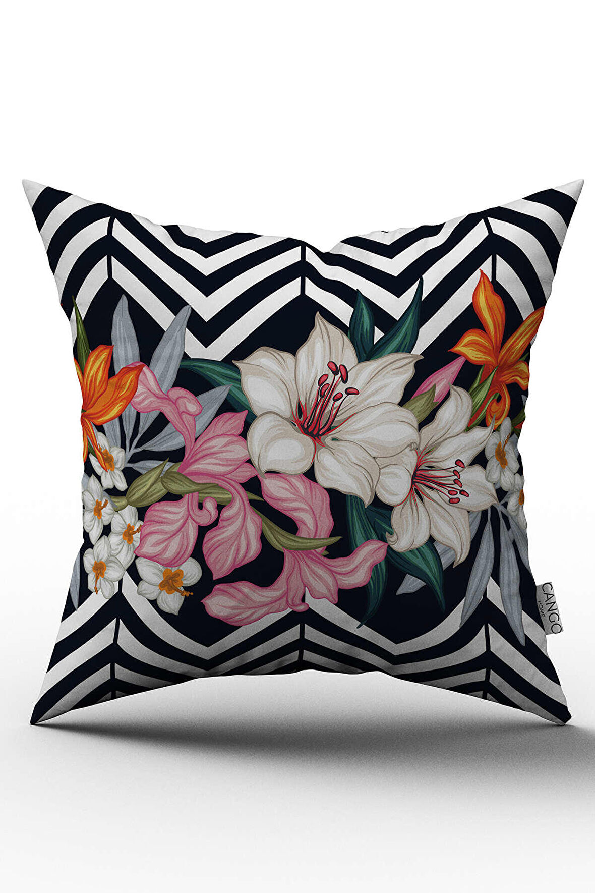 Çift Taraflı Siyah Beyaz Çiçekli Zigzag Desenli Dijital Baskılı Kırlent Kılıfı - OTYK522-CT