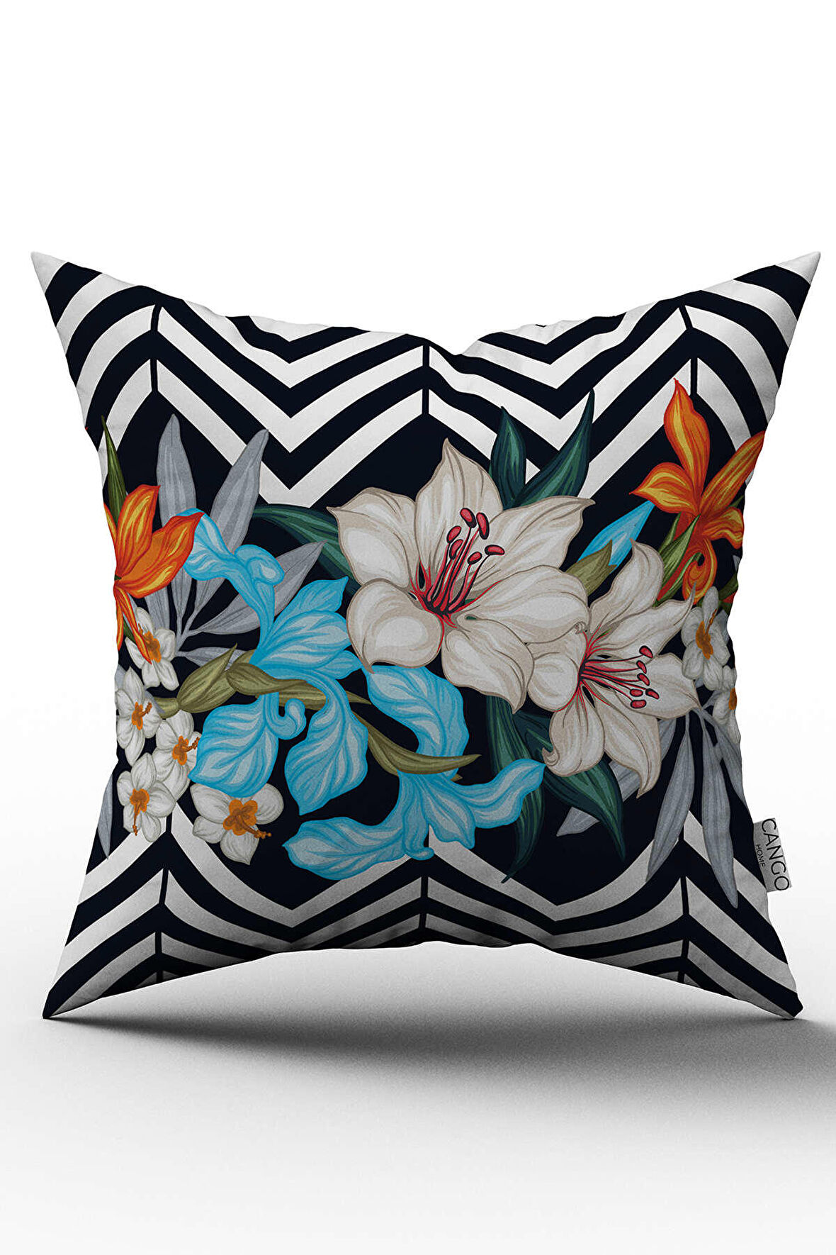 Çift Taraflı Siyah Beyaz Çiçekli Zigzag Desenli Dijital Baskılı Kırlent Kılıfı - OTYK523-CT