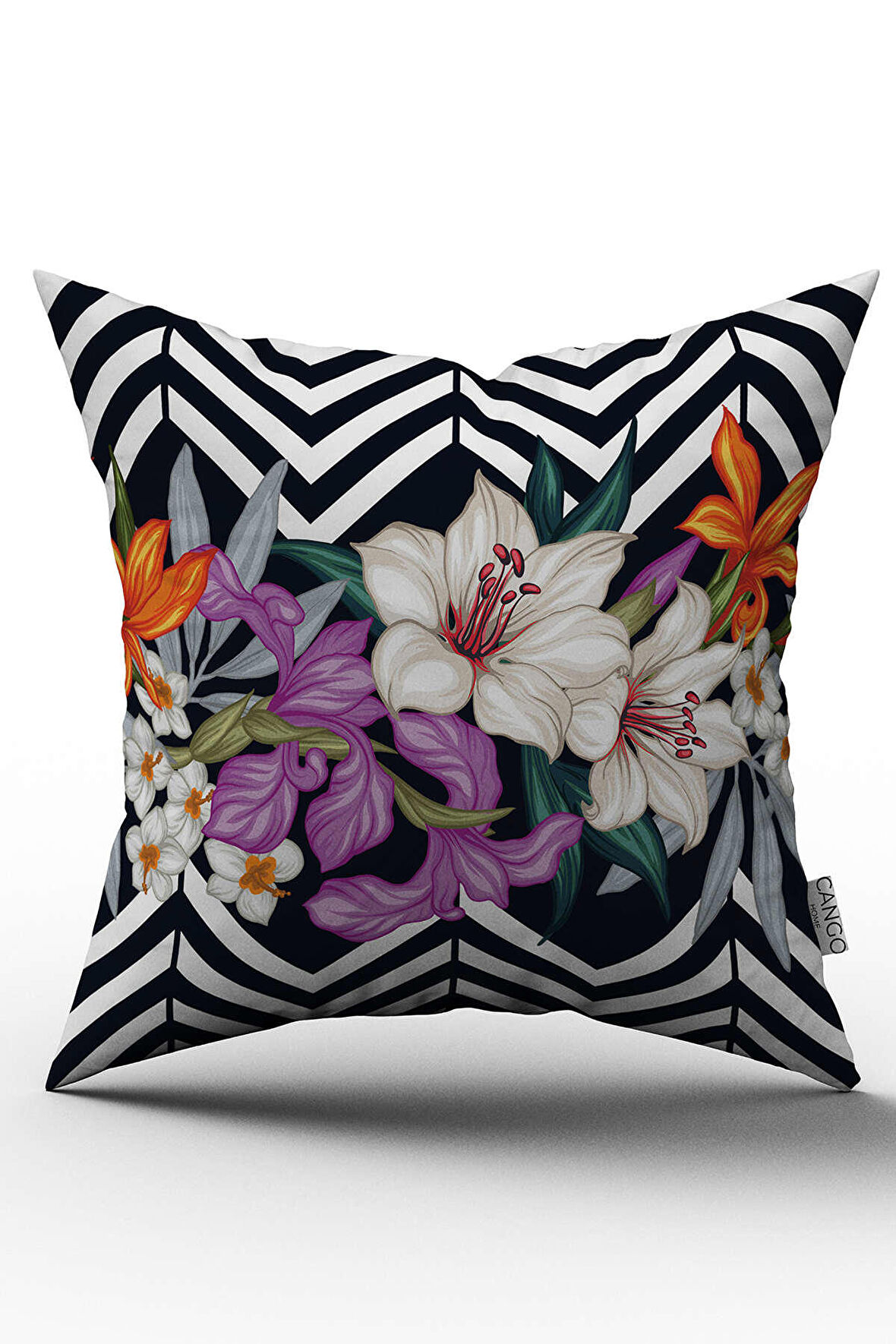 Çift Taraflı Siyah Beyaz Çiçekli Zigzag Desenli Dijital Baskılı Kırlent Kılıfı - OTYK524-CT