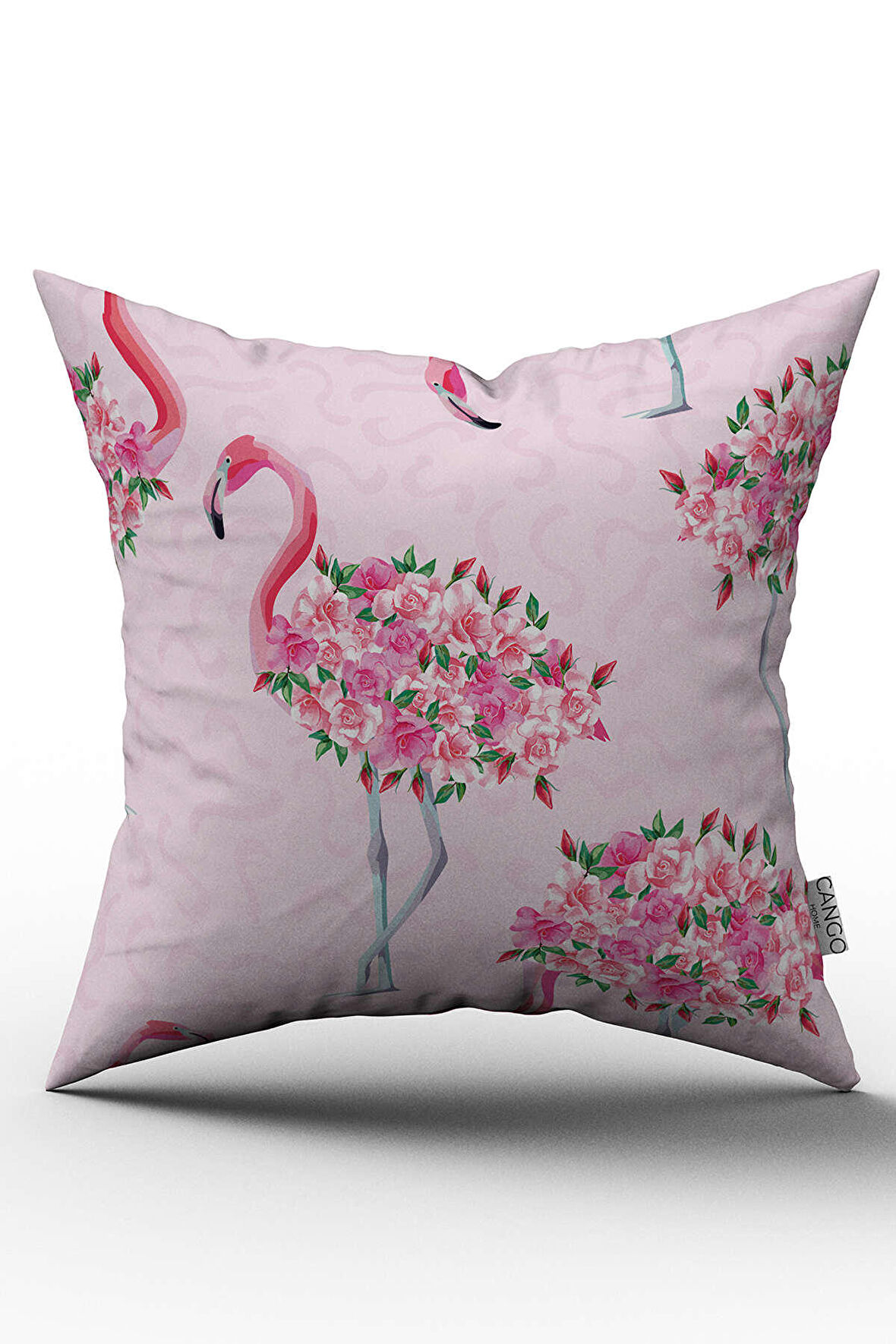 Çift Taraflı Pembe Yeşil Çiçekli Flamingo Desenli Dijital Baskılı Kırlent Kılıfı - OTYK525-CT