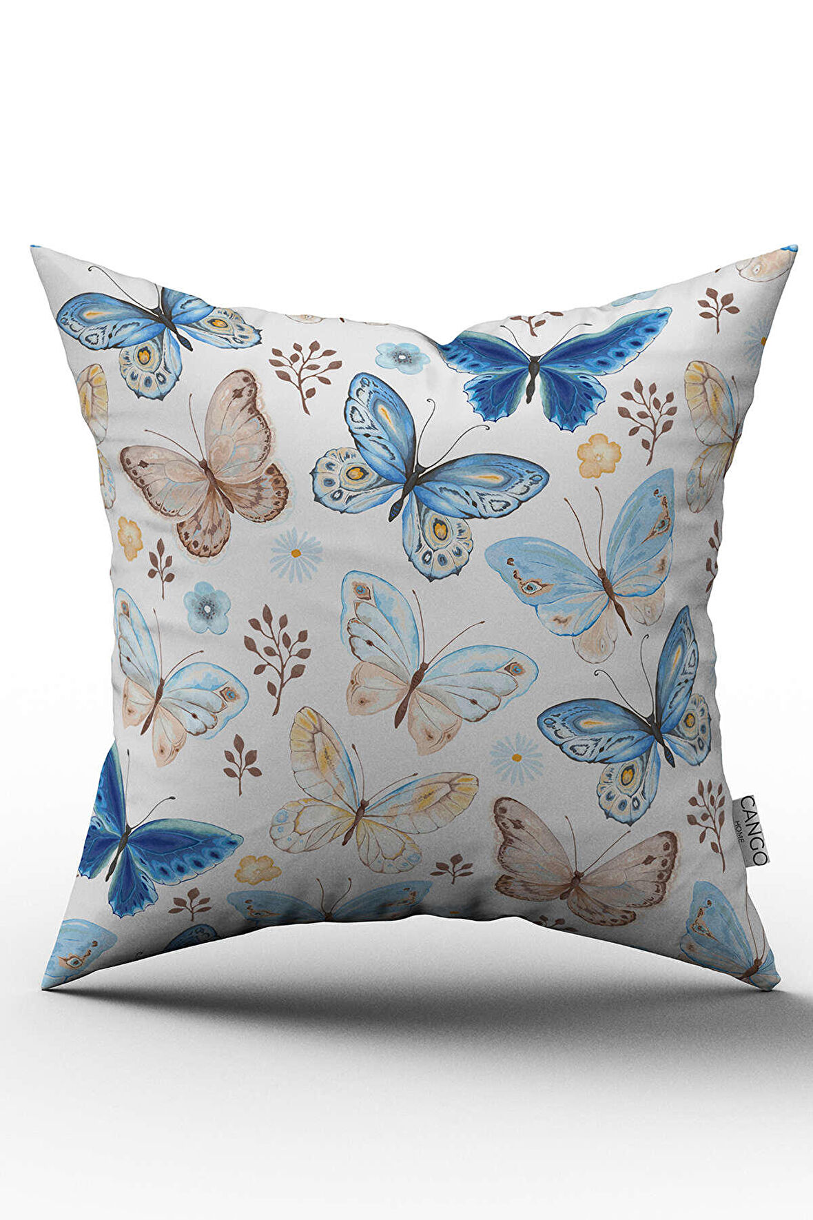 Çift Taraflı Mavi Kahverengi Kelebek Desenli Dijital Baskılı Kırlent Kılıfı - OTYK535-CT