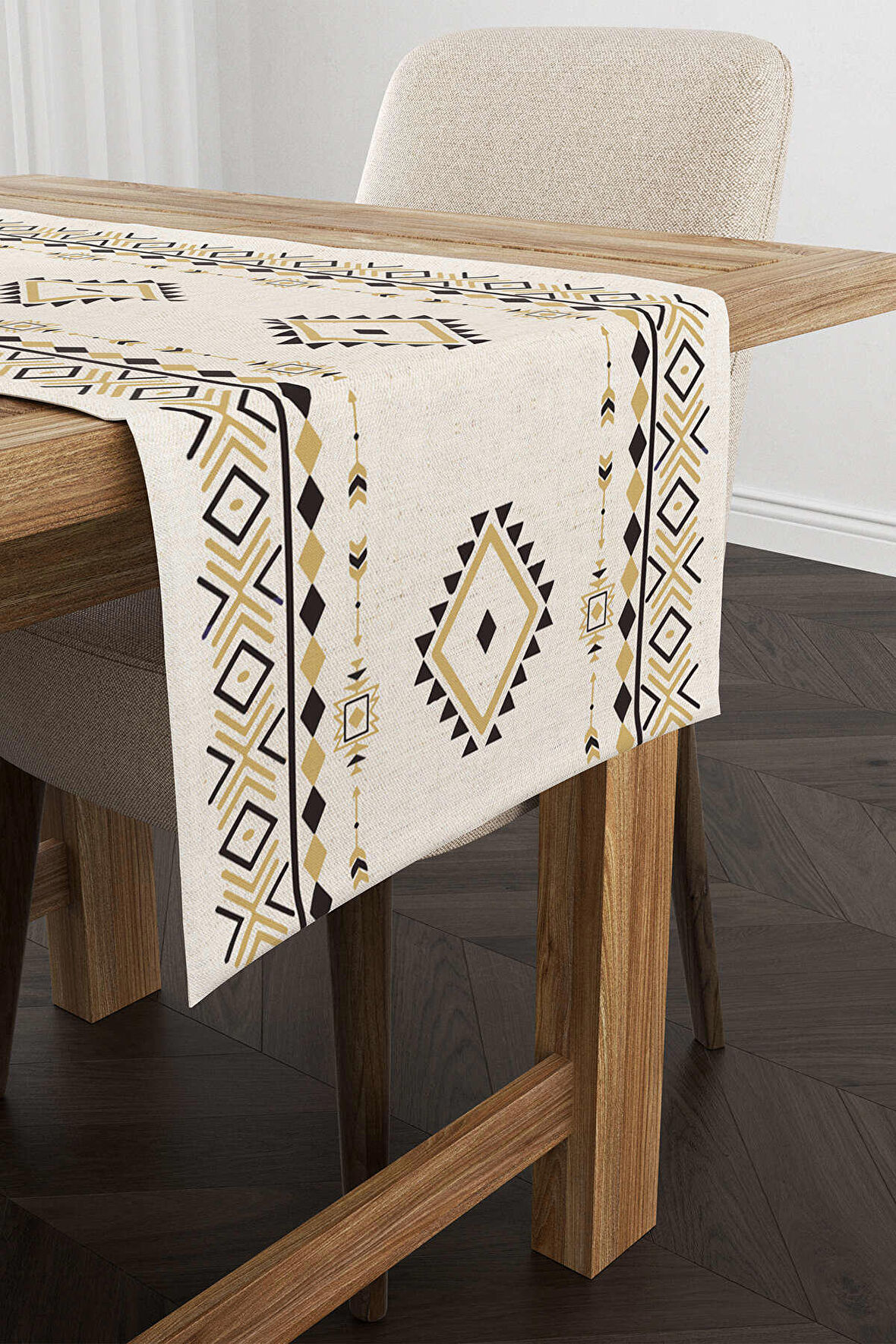 Krem Siyah Etnik Kilim Desenli Dijital Baskılı Runner CGH1086-RN