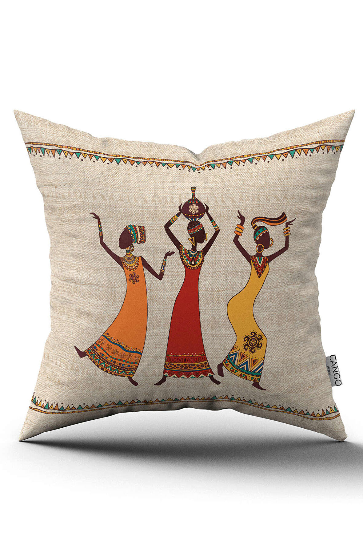 Çift Taraflı Krem Etnik Afrika Kadın Figürlü Dijital Baskılı Kırlent Yastık Kılıfı -CGH1258-CT