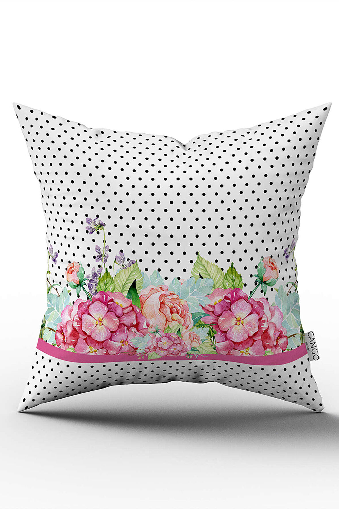 Çift Taraflı Pembe Beyaz Puantiyeli Çiçek Desenli Dijital Baskılı Kırlent Kılıfı CGH1079