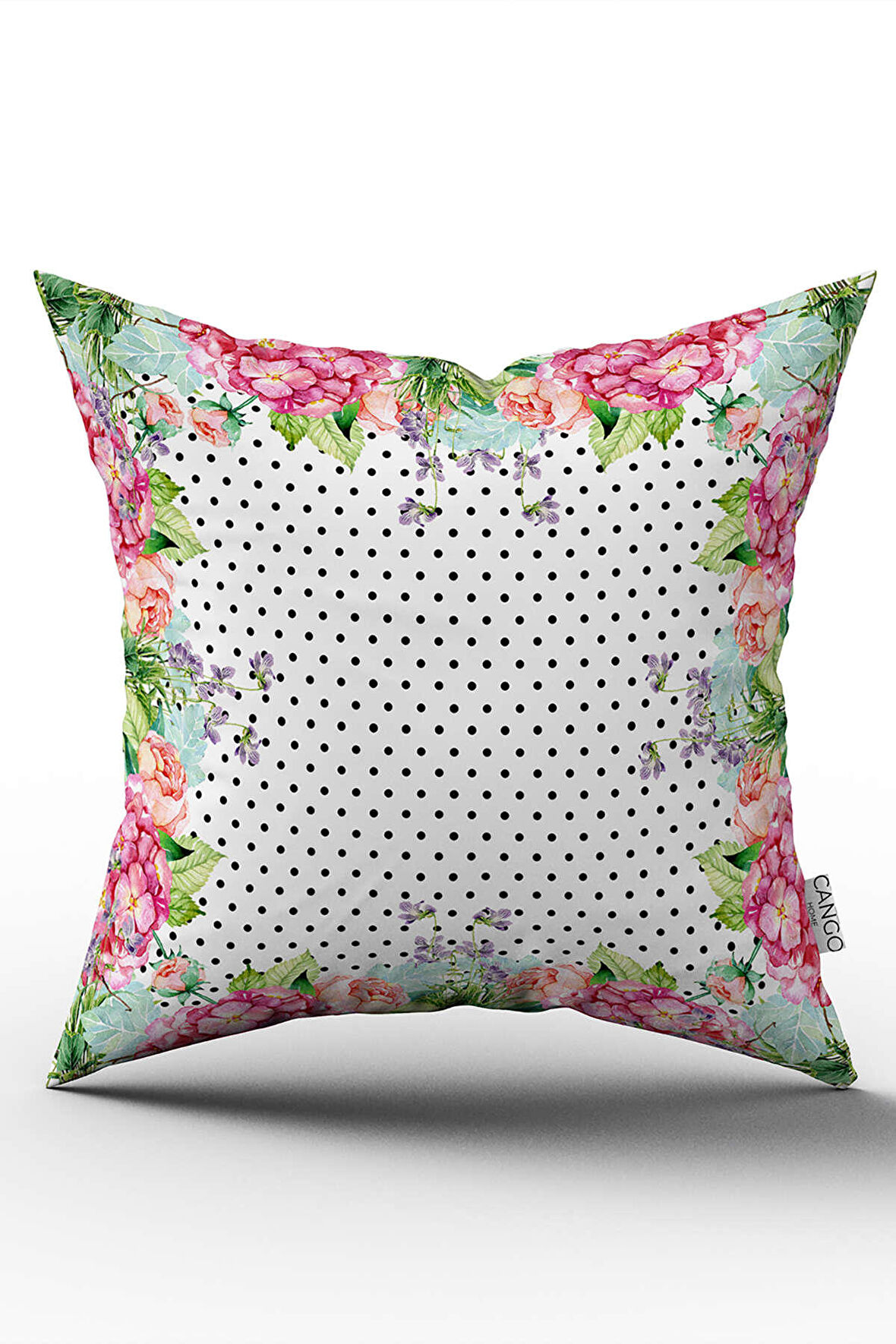 Çift Taraflı Pembe Beyaz Puantiyeli Çiçek Desenli Dijital Baskılı Kırlent Kılıfı CGH1078