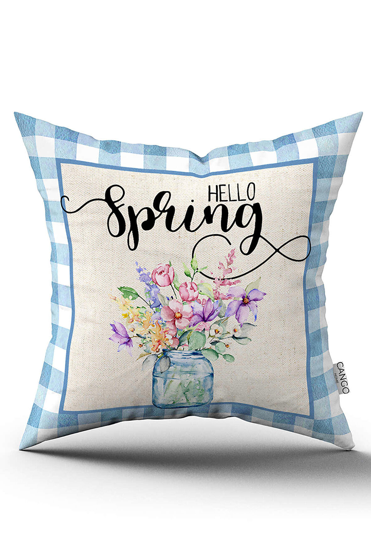 Çift Taraflı Mavi Beyaz Bahar Temalı Çiçek Desenli Dijital Baskılı Kırlent Kılıfı CGH1090