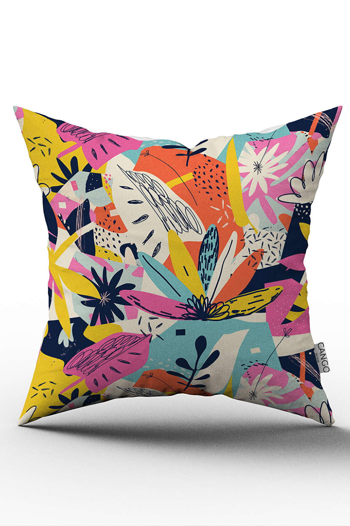 Çift Taraflı Krem Çok Renkli Tropikal Çiçek Desenli Dijital Baskılı Kırlent Kılıfı CGH1105