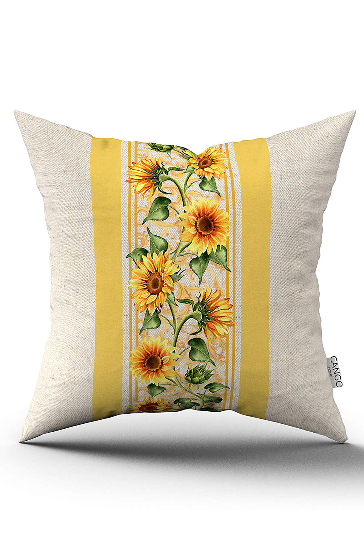 Çift Taraflı Sarı Yeşil Dekoratif Ayçiçek Desenli Dijital Baskılı Kırlent Kılıfı CGH1111