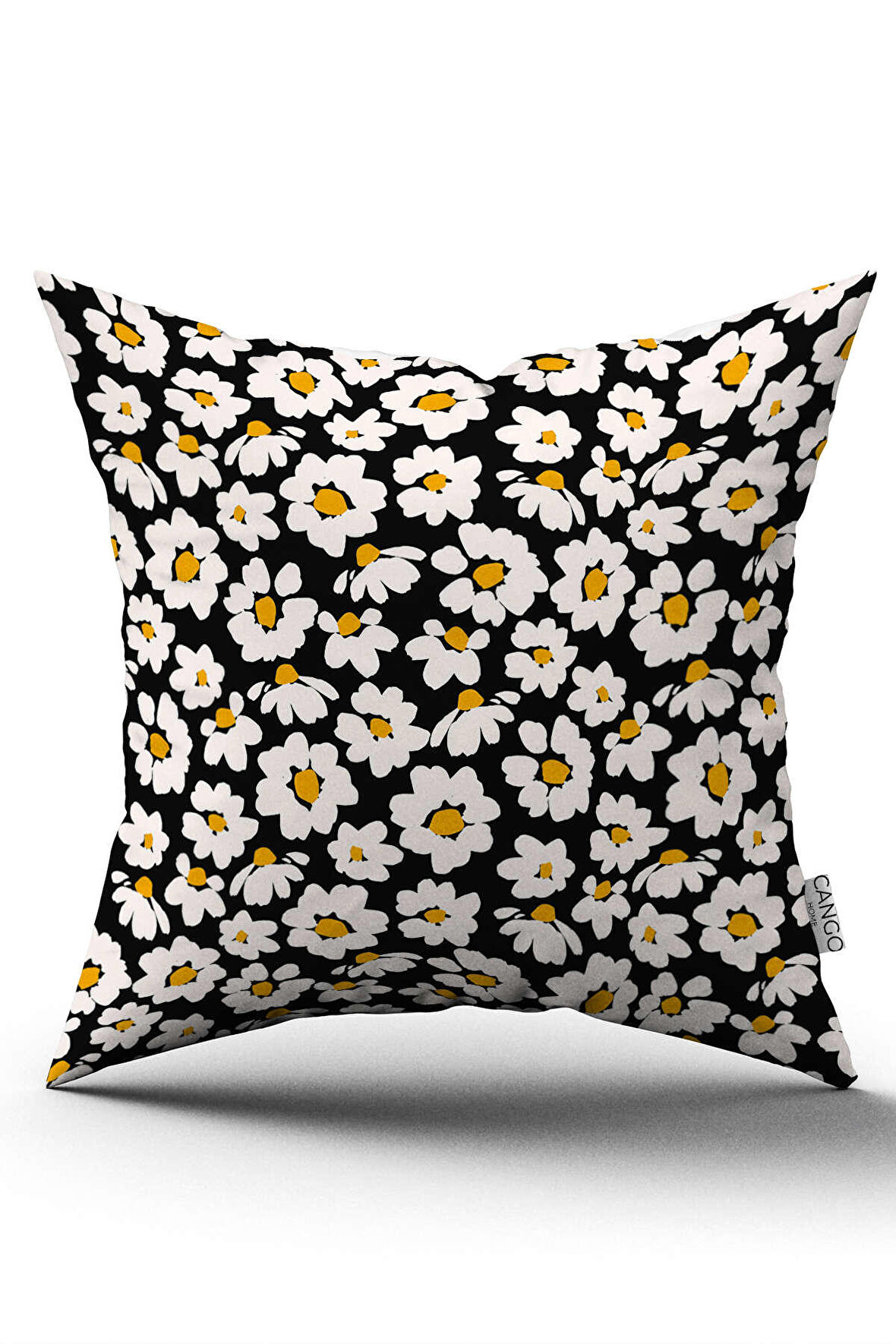 Çift Taraflı Sarı Siyah Papatya Desenli Dijital Baskılı Kırlent Kılıfı CGH1195