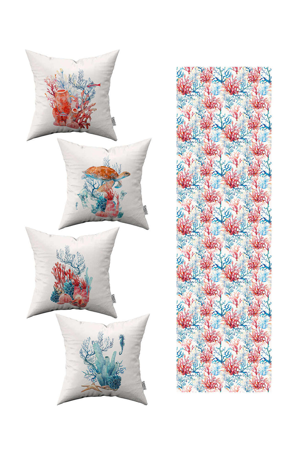 Kırmızı Mavi Marin Desenli 4'lü Kırlent Kılıfı 1 Runner Seti 4kmbs278-RS-2