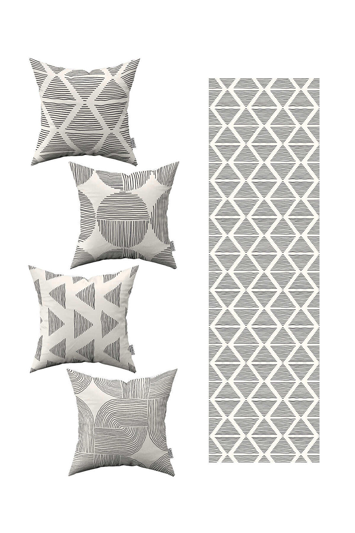 Krem Siyah Bohem İskandinav Desenli 4'lü Kırlent Kılıfı 1 Runner Seti 4kmbs293-RS-2