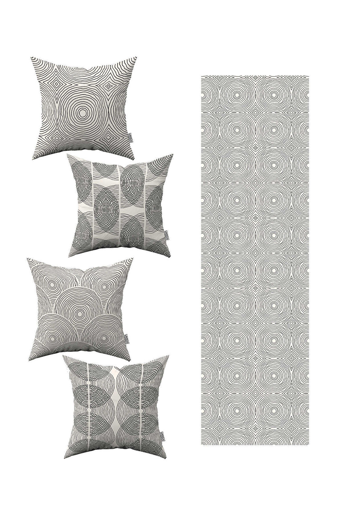 Krem Siyah Bohem İskandinav Desenli 4'lü Kırlent Kılıfı 1 Runner Seti 4kmbs295-RS-2