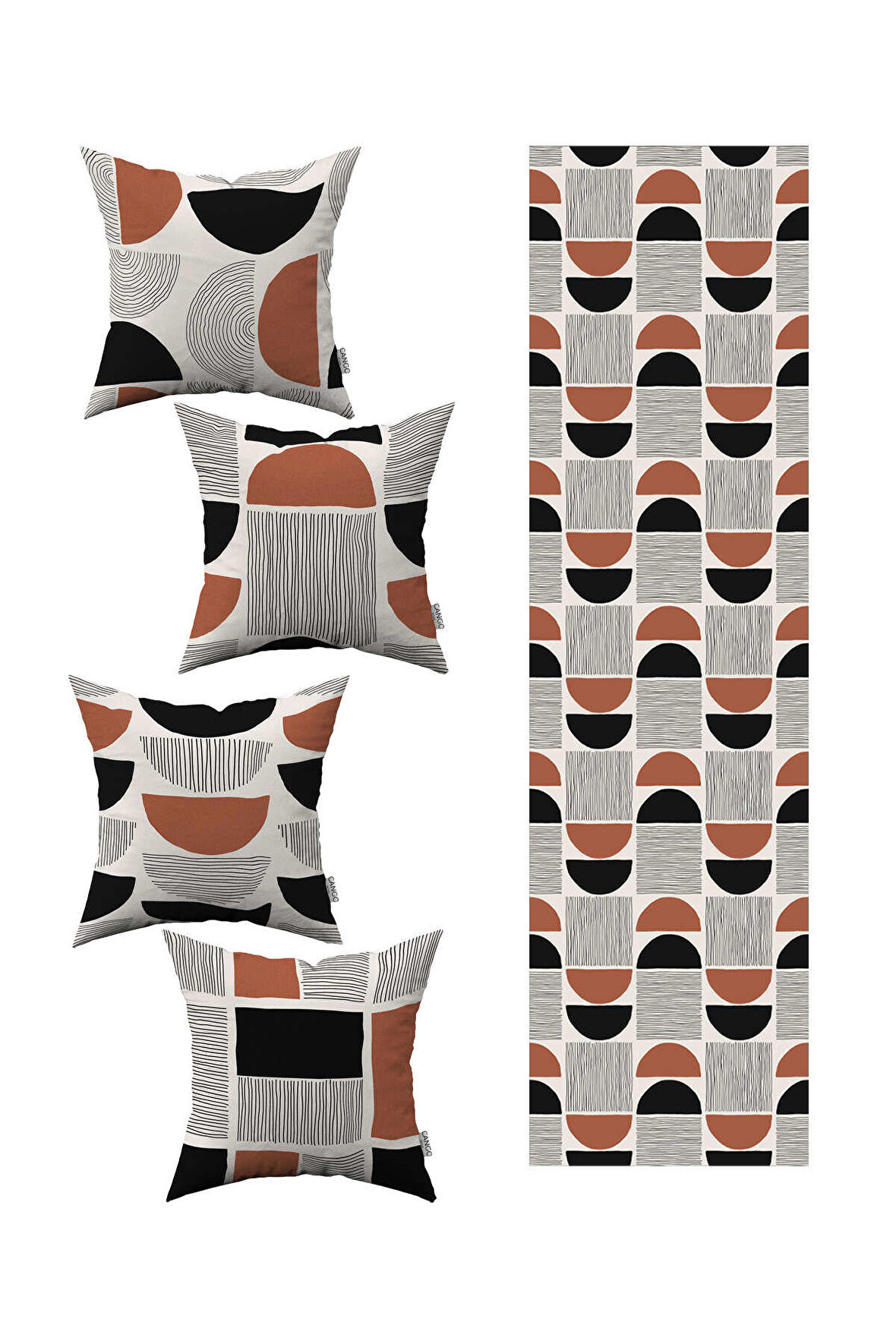 Kahverengi Siyah Bohem İskandinav Desenli 4'lü Kırlent Kılıfı 1 Runner Seti 4kmbs296-RS