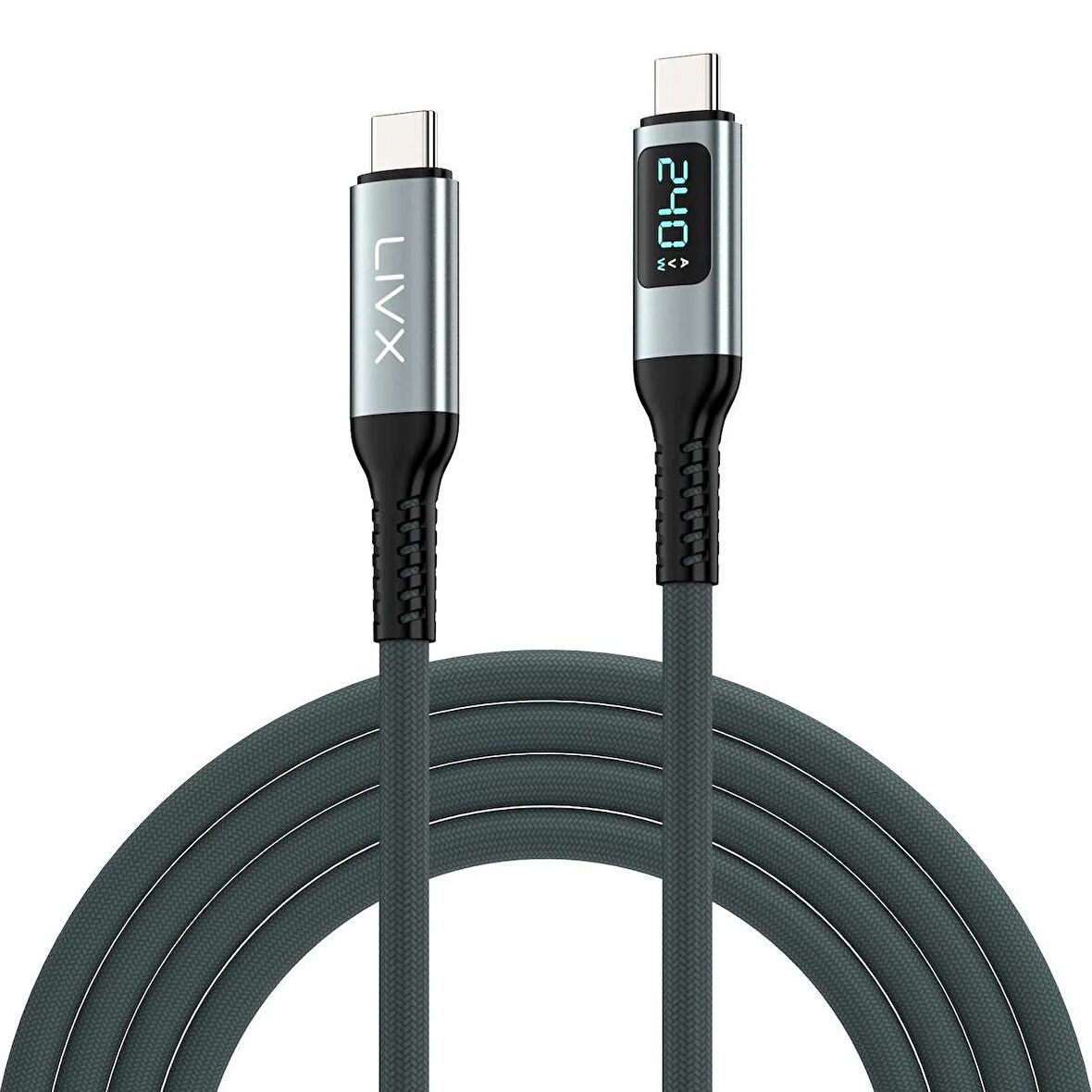 LivX Thunderbolt 4 Type C to Type C 240W Hızlı Şarj 8K@60Hz Görüntü Aktarımı 40Gbps Veri Transferi PD3.1 Dijital Göstergeli 1 Metre Örgülü Kablo ARD-01