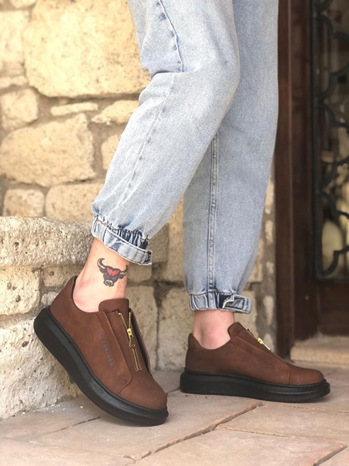BA0310 BOA Kalın Yüksek Taban Fermuarlı Taba Siyah Erkek Ayakkabı
