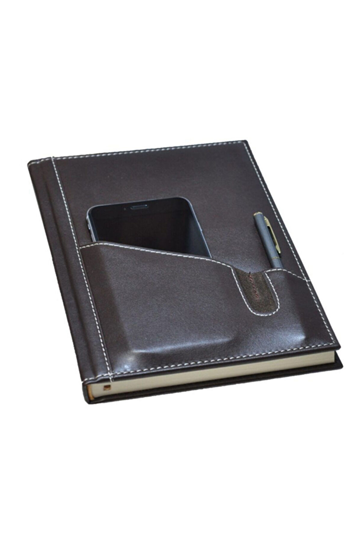 Deri Defter Günlük Journal Ajanda Tarihsiz Kareli Telefon Kılıflı 160 Yaprak Vegan 17x24 cm