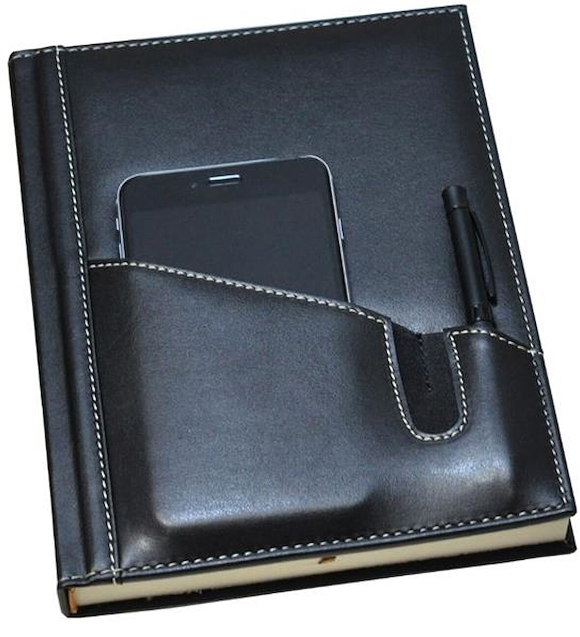 2026 YENİ YIL DERİ AJANDA TELEFON KILIFLI KAPAK GÜNLÜK ÇİZGİLİ AJANDA 17X24 CM. SİYAH