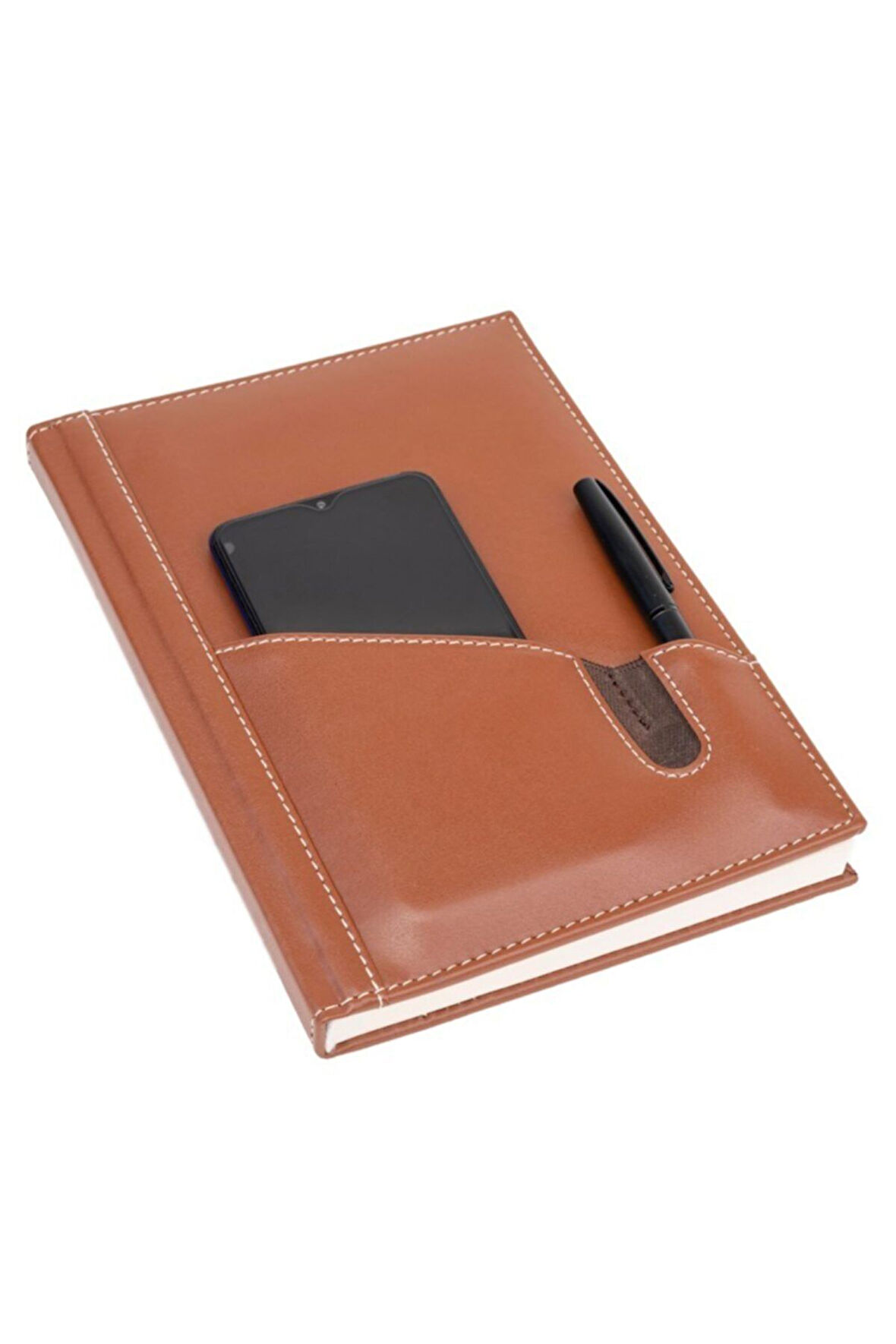 Deri Defter Günlük Journal Ajanda Tarihsiz Düz Telefon Kılıflı 160 Yaprak Vegan 17x24 cm