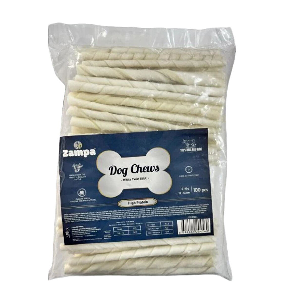 Zampa Beyaz Burgu Çubuk 100 Adet Kemik 5-6gr 12-13CM Yavru Köpek Diş Kaşıma Kemiği Stick Köpek Kemiği