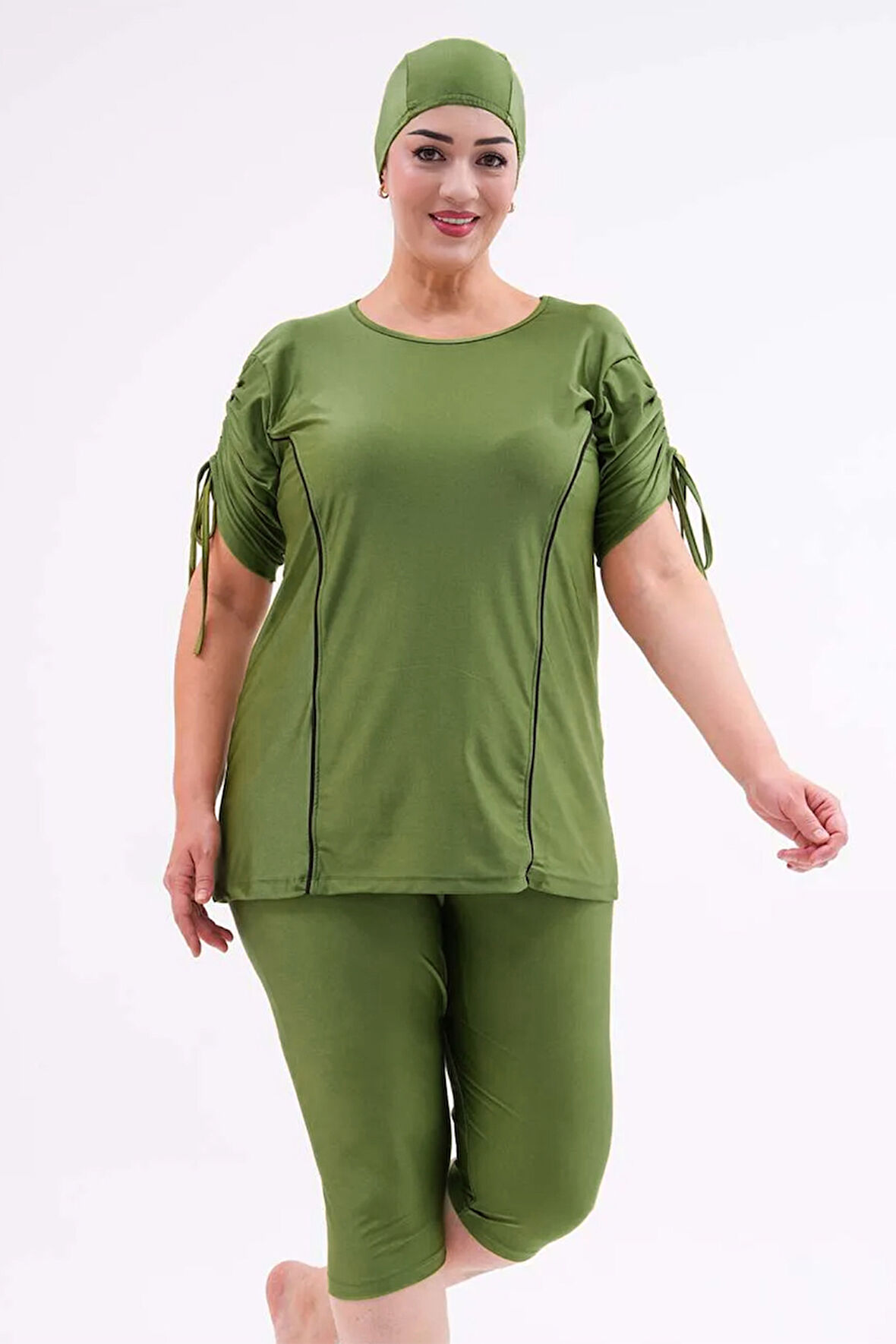 Büyük Beden Yarı Kapalı Tesettür Mayo Kol Detaylı 2311 Aysu Yeşil | 3XL