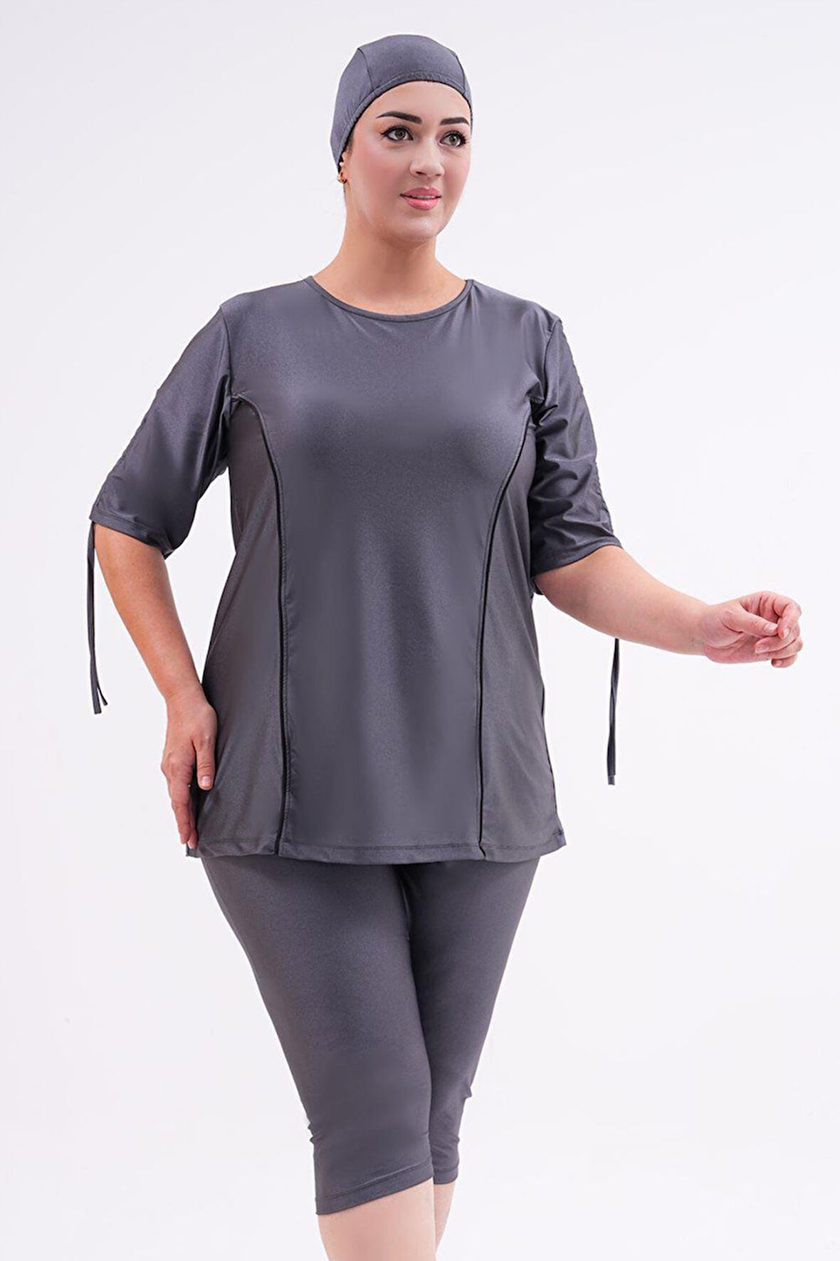 Büyük Beden Yarı Kapalı Tesettür Mayo Kol Detaylı 2311 Aysu Antrasit | 4XL