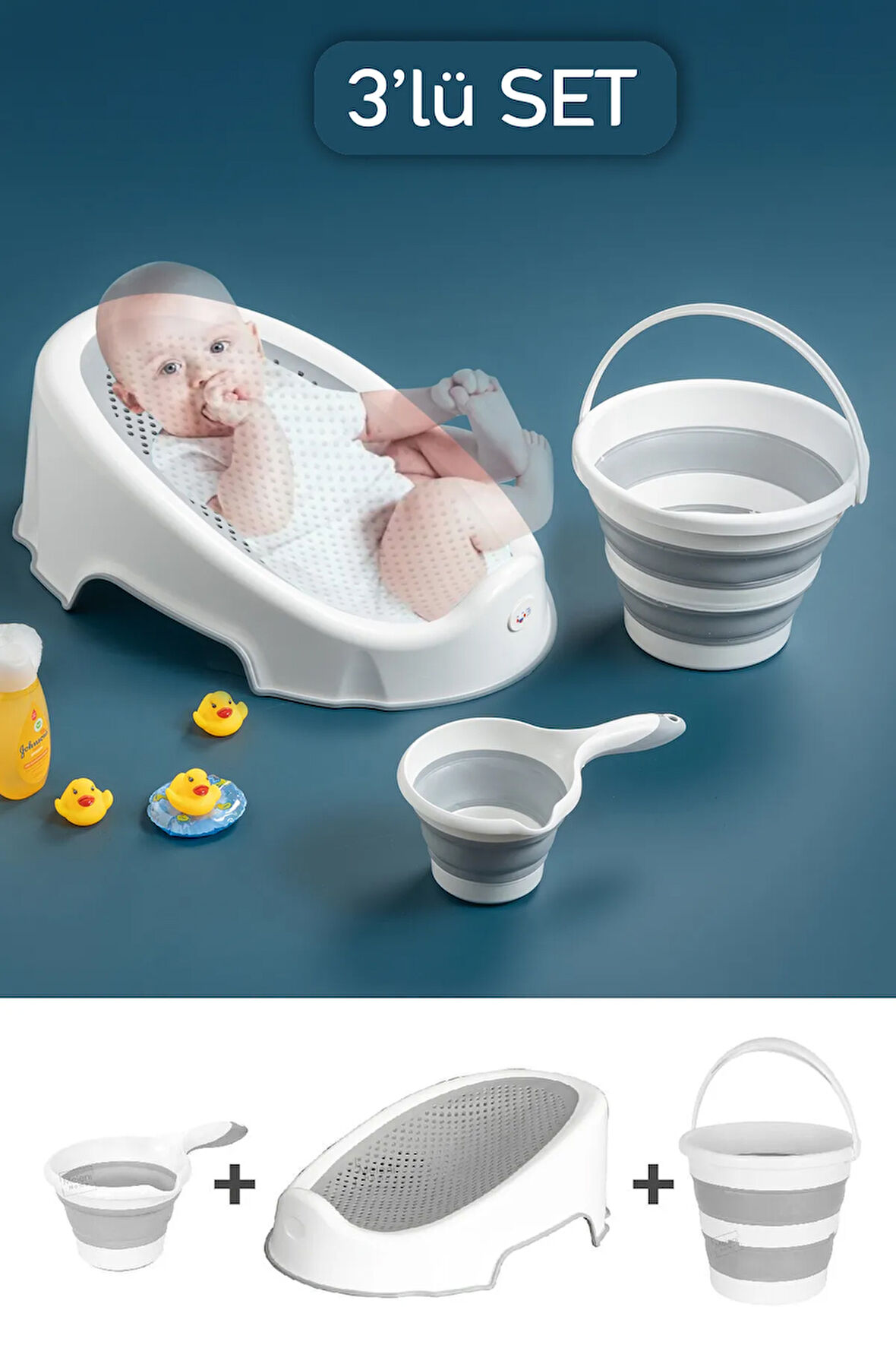 3'lü Soft Bebek Küveti Seti - Silikon Fileli Bebek Besleme, Yıkama Banyo Küveti, Su Kovası, Koçero