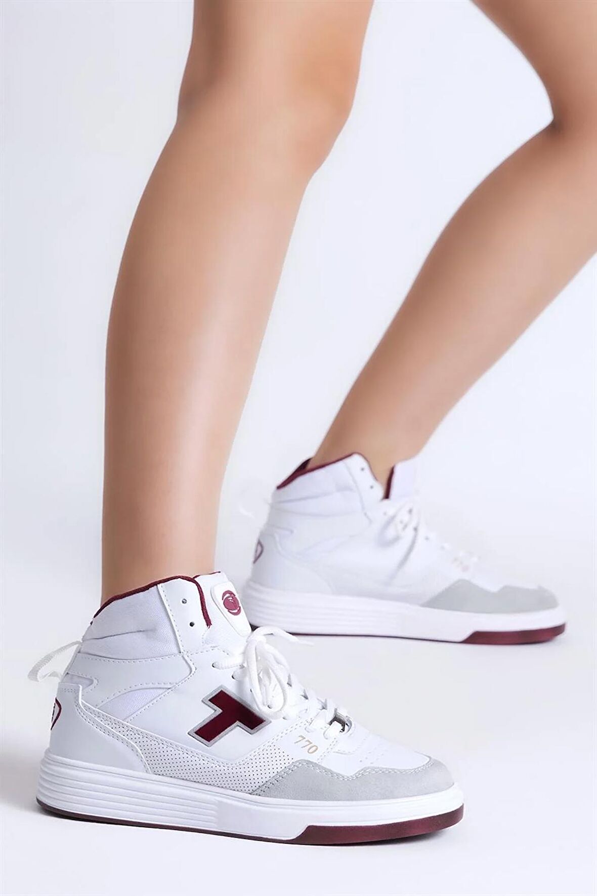 Tonny Black Unisex Beyaz Bordo Rahat Kalıp Poli Taban Bağcıklı Uzun Sneaker