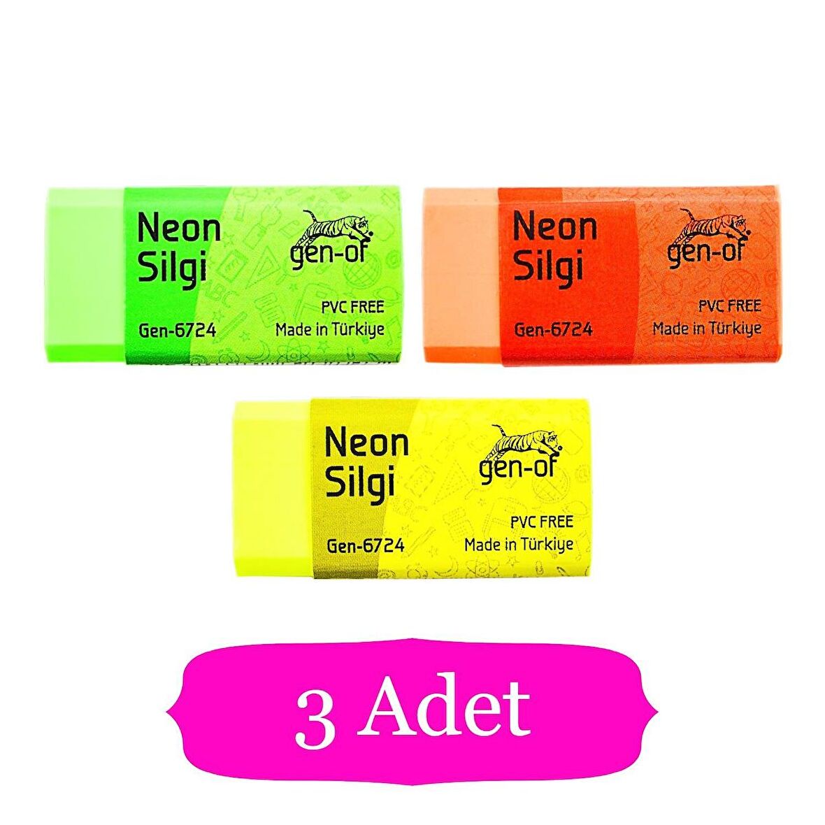 Gen-Of No:24 Pvc Free Orta Boy Neon Silgi (GEN-6724) 3 Adet