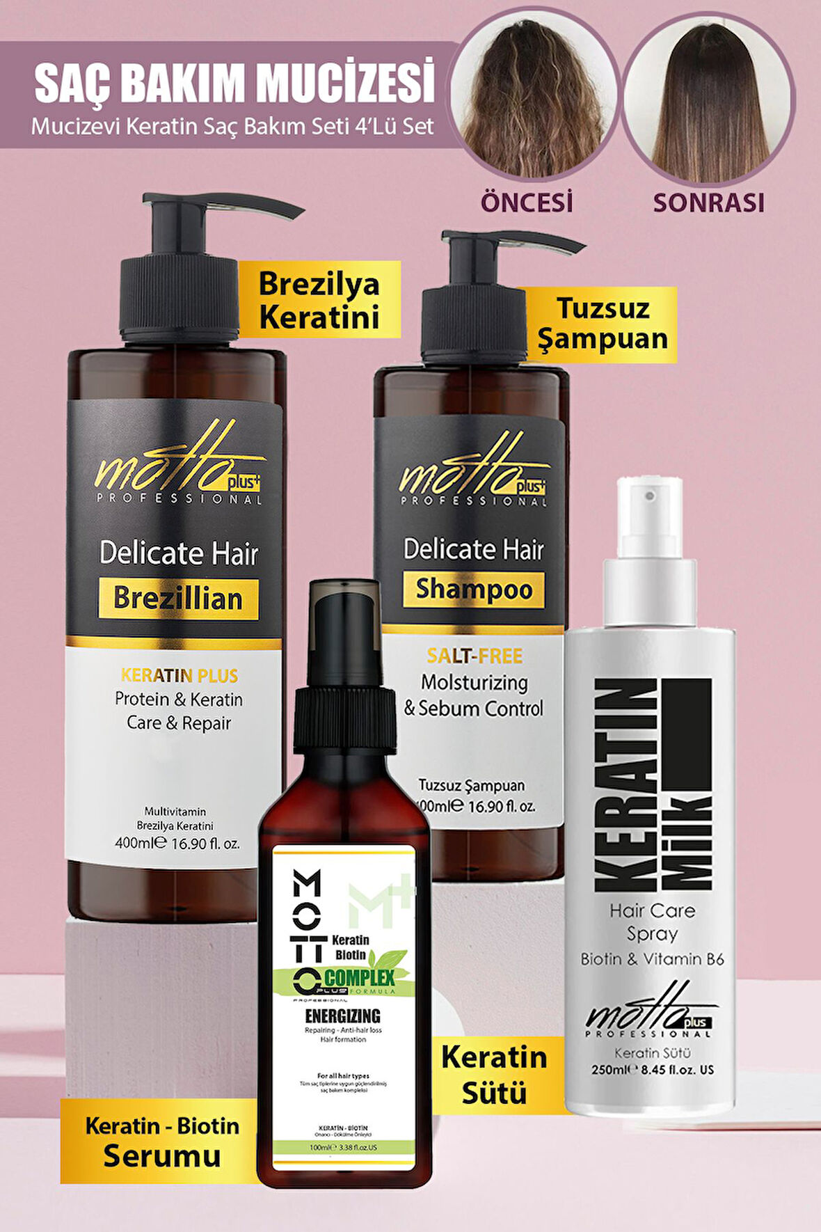 Motto Plus Professional Keratin Bakımı Saç Bakım Mucizesi 4'lü Set (Keratin - Şampuan - Keratin&Biotin Serum - Keratin Sütü)