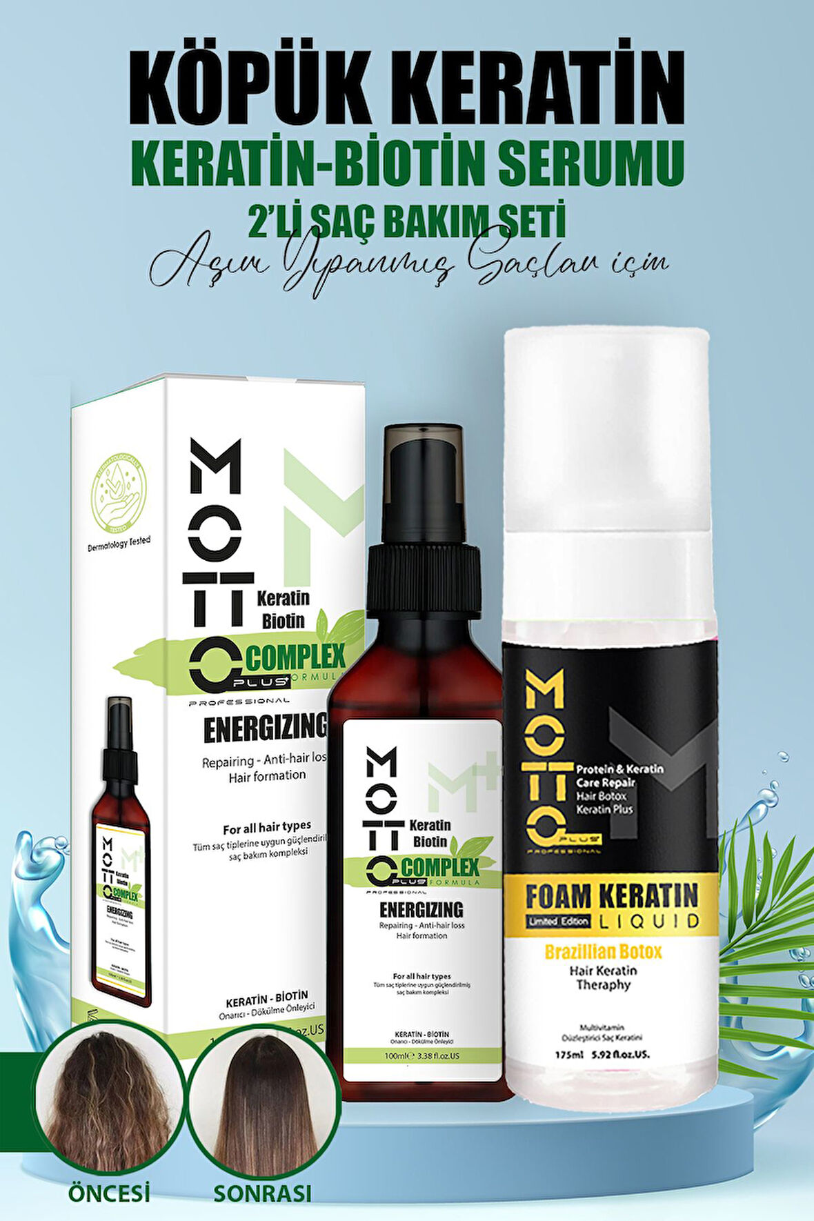 Motto Plus Professional Saç Pürüzsüzleştirici Ve Düzleştirici 2'li Saç Bakım Seti (Köpük Keratin - Keratin & Biotin Serum)
