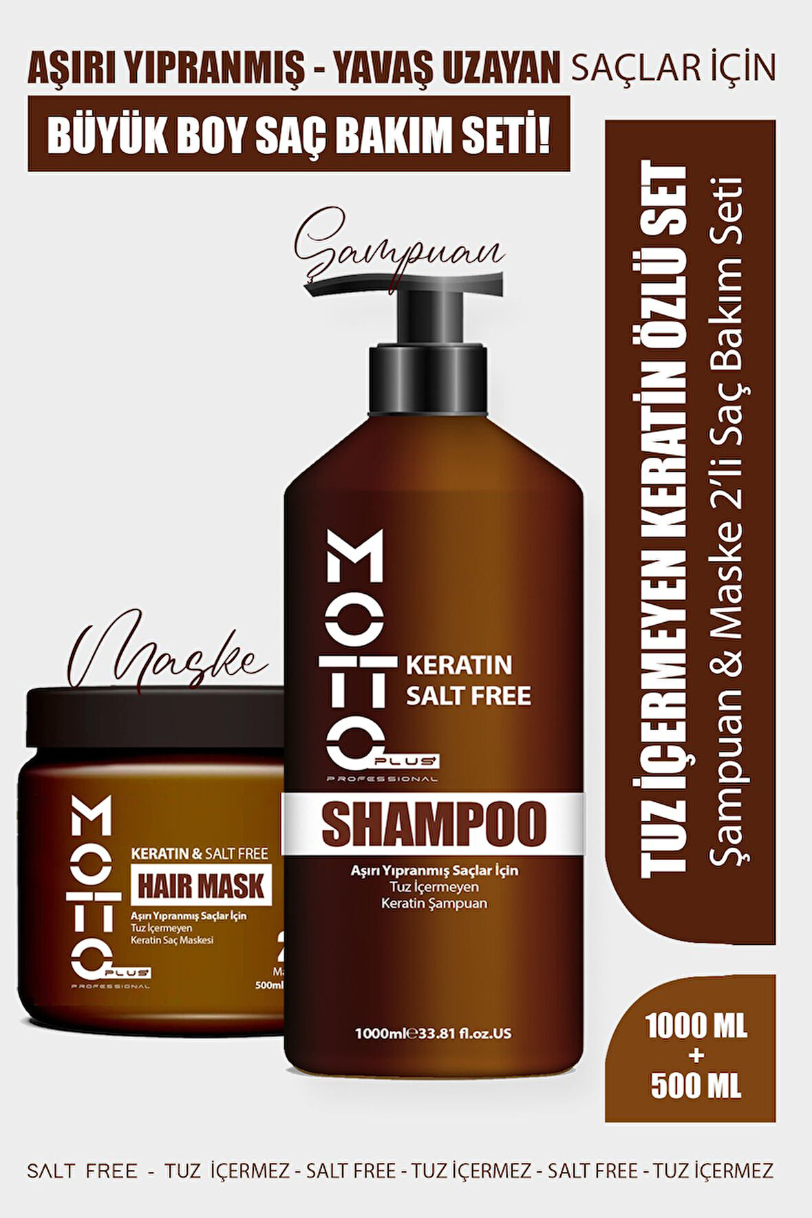 Motto Plus Professional Yavaş Uzayan - Aşırı Yıpranmış Saçlar İçin Tuzsuz Keratinli 2'li Saç Bakım Seti (Şampuan - Maske)