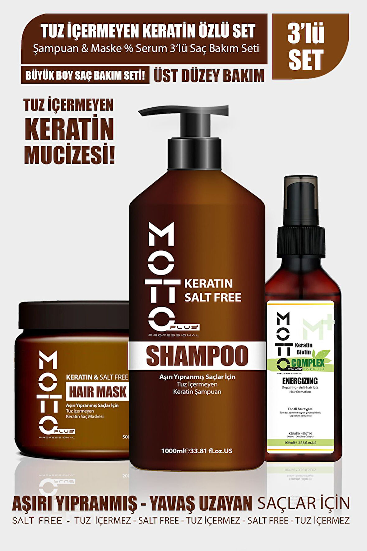 Motto Plus Professional Yavaş Uzayan-Aşırı Yıpranmış Saçlar İçin Tuzsuz Keratinli 3'lü Saç Bakım Seti (Şampuan-Maske-Serum)