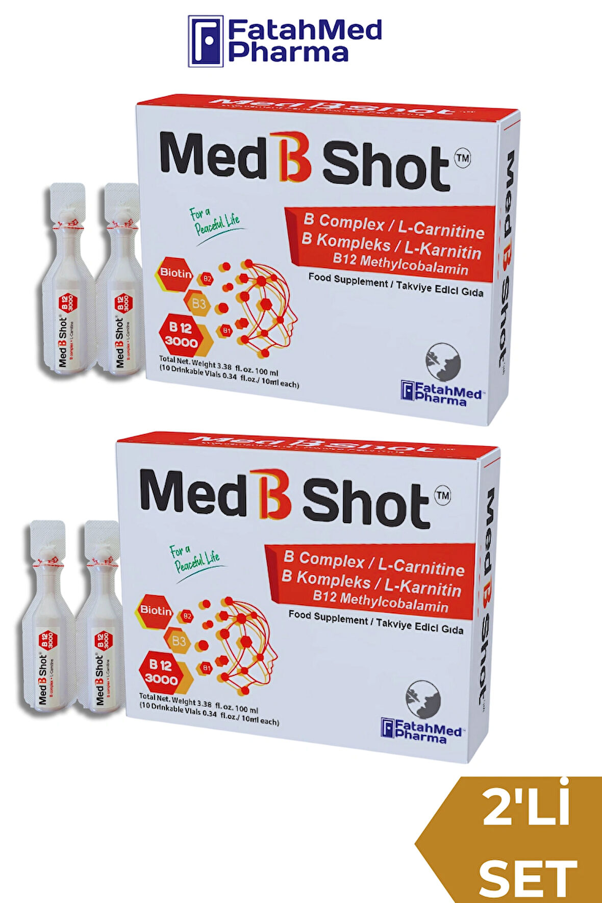 MED B SHOT B12 Kompleks Vit. (METİLKOBALAMİN) ,B1 ,B2,B3,B5,B6,B1 ,Biotin ,L Karnitin 2'li Avantaj Paketi
