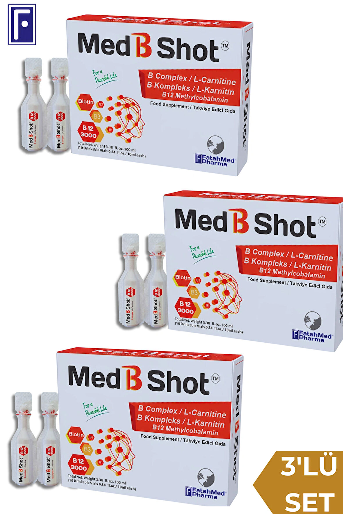 MED B SHOT B12 Kompleks Vit. (METİLKOBALAMİN) ,B1 ,B2,B3,B5,B6,B1 ,Biotin ,L Karnitin 3'lü Avantaj