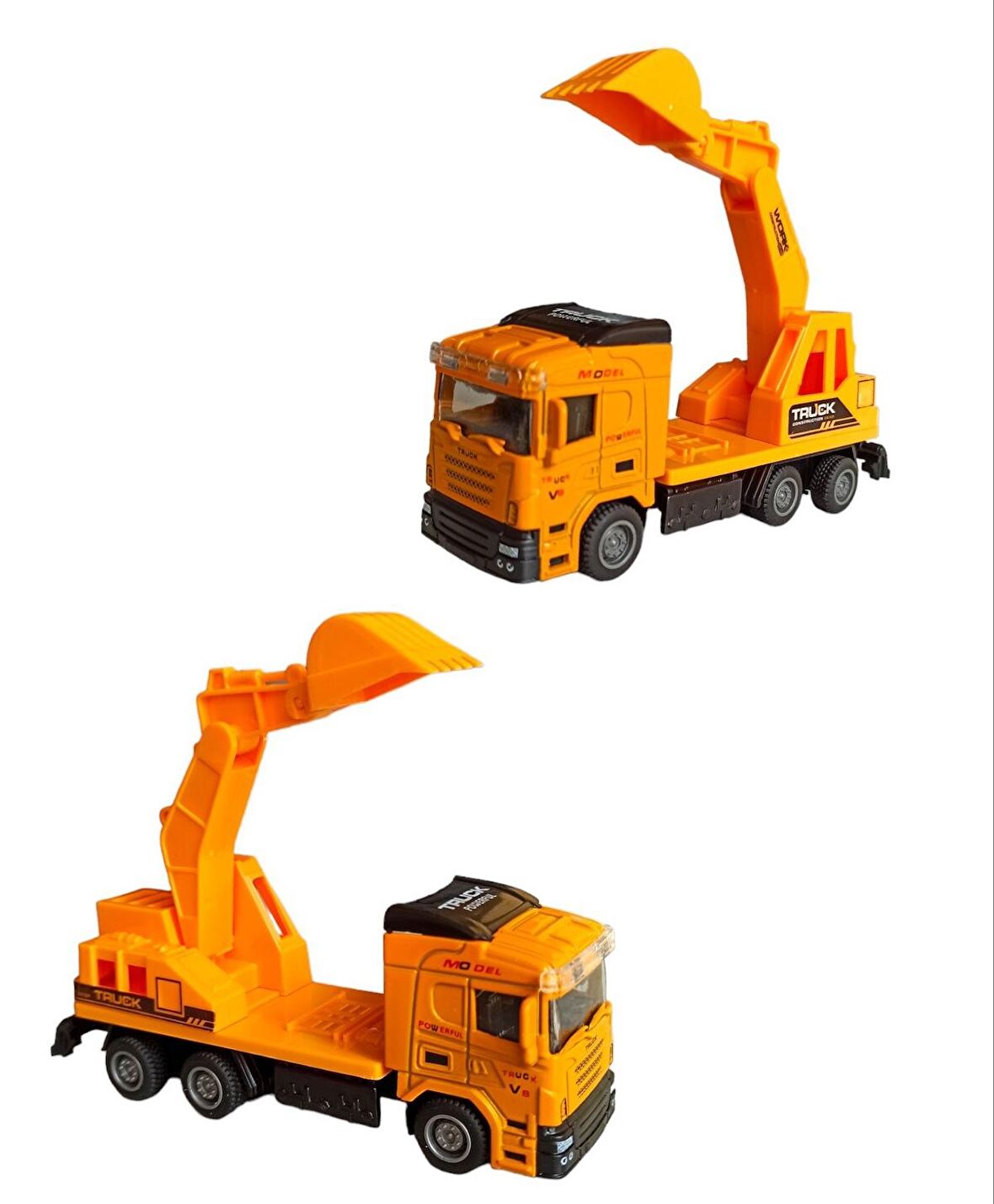 Metal İnşaat Makinası Ekskavatör Kepçe Çek Bırak Özellikli Kamyonlu Ekskavatör 1:50 Ölçek 14cm.
