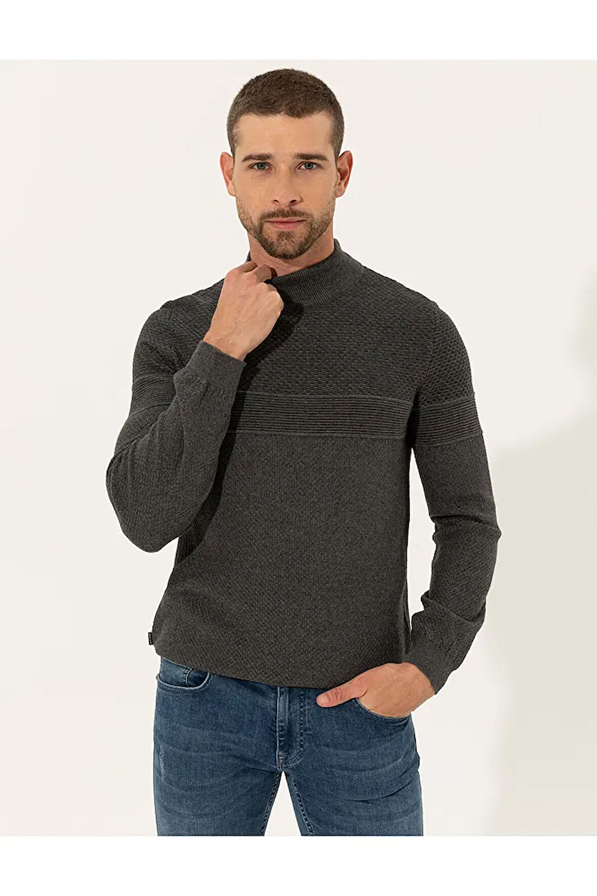 Gri Melanj Slim Fit Yarım Balıkçı Yaka Triko Kazak 50241465-vr086