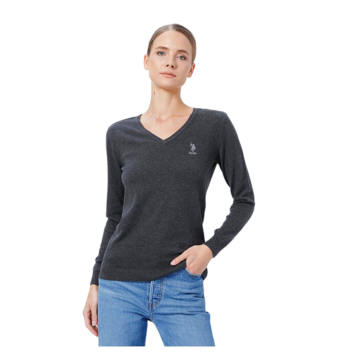 V Yaka Düz Kadın Kazak Gtd02-bsk22