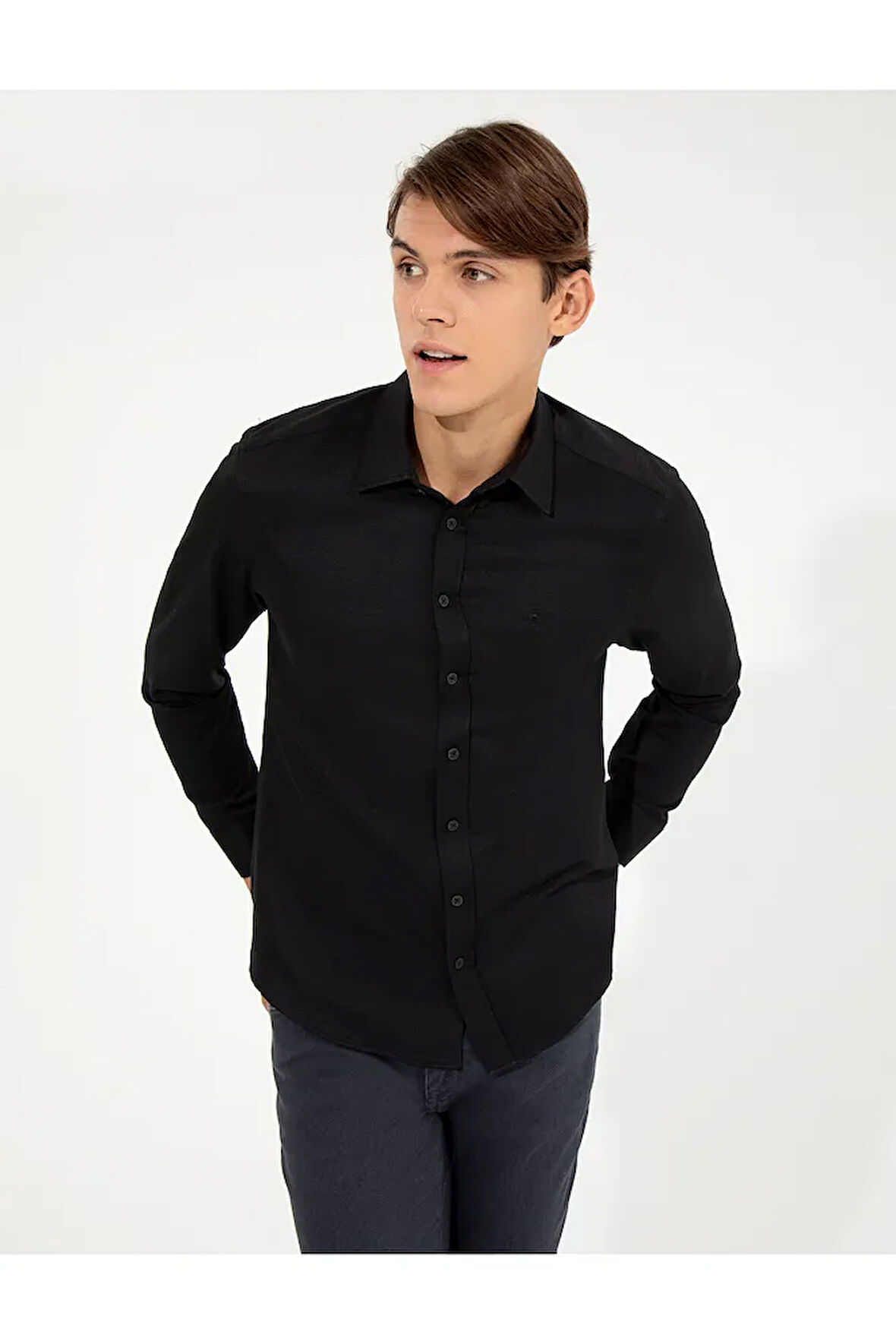 Siyah Slim Fit Armürlü Klasik Gömlek 50260290-VR046