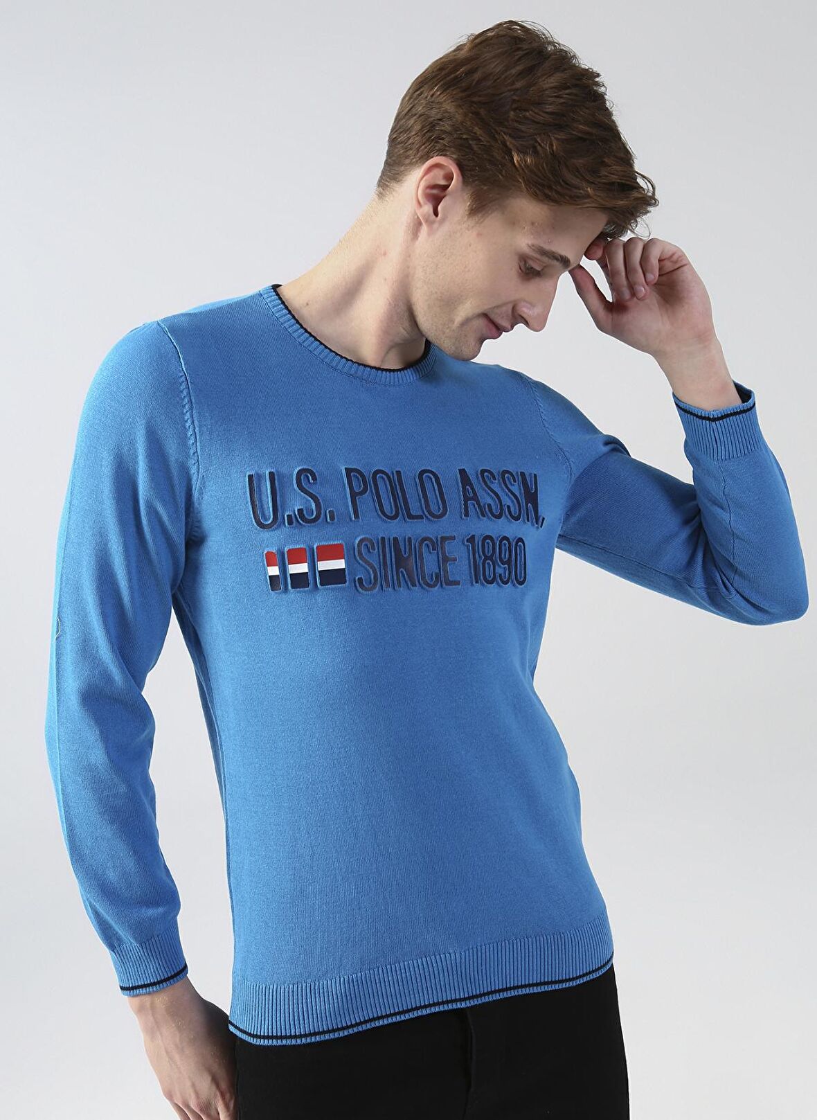 Bisiklet Yaka Mavi Erkek Kazak Kolon