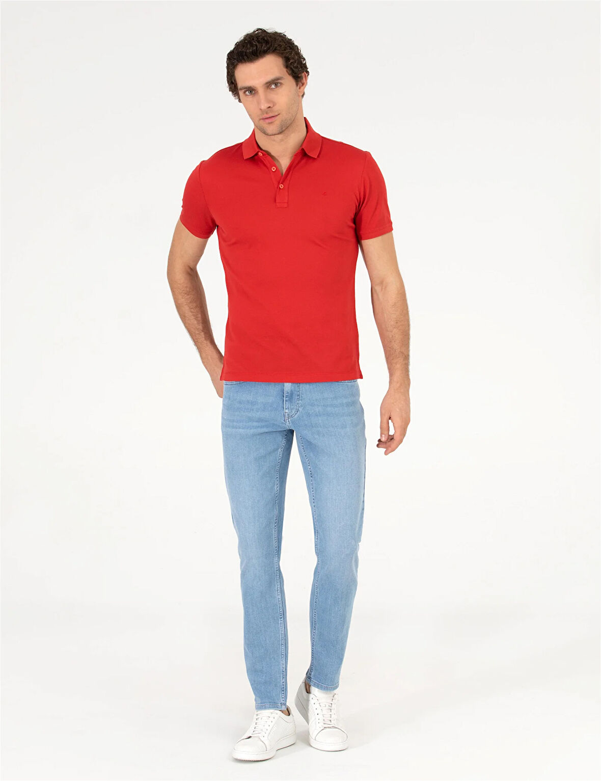 Erkek Polo Yaka Slim Fit Basic T-Shirt-Kırmızı | M