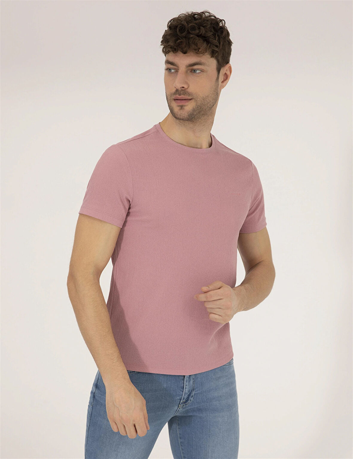 Erkek Slim Fit Dokulu Bisiklet Yaka Tişört-Gül Kurusu | S