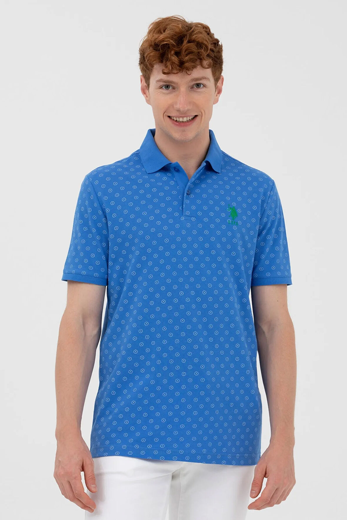 Polo Yaka Desenli Regular Fit T-shirt-Saks Mavi | S