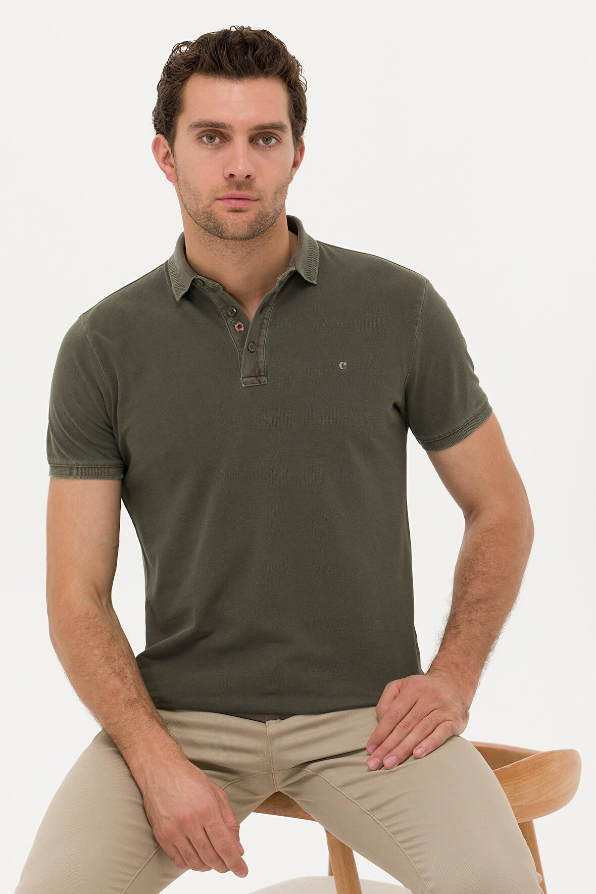 Erkek Polo Yaka Slim Fit T-Shirt - Haki  | M