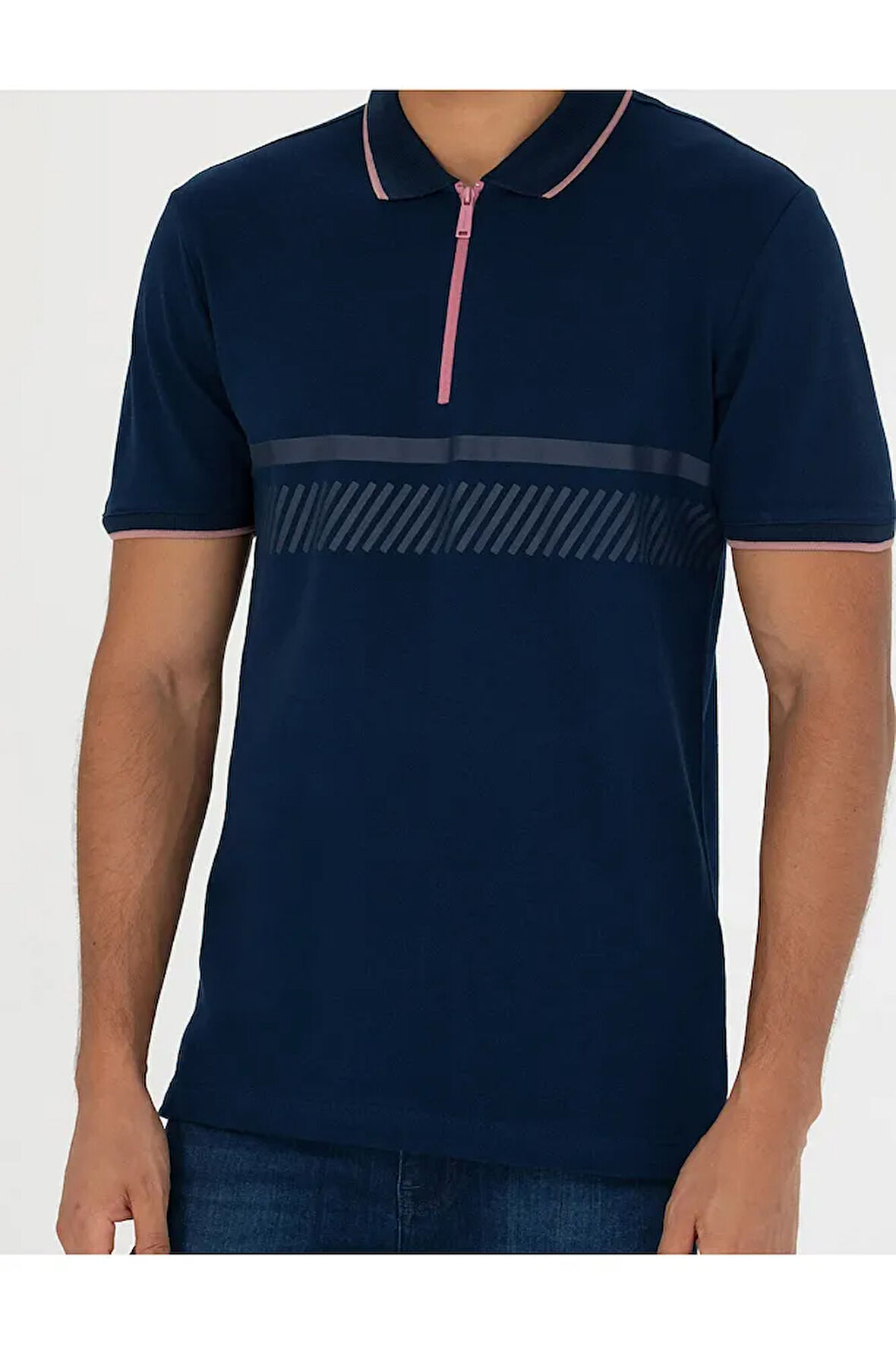 Lacivert Slim Fit Erkek Polo Yaka Tshirt Yarı Fermuarlı